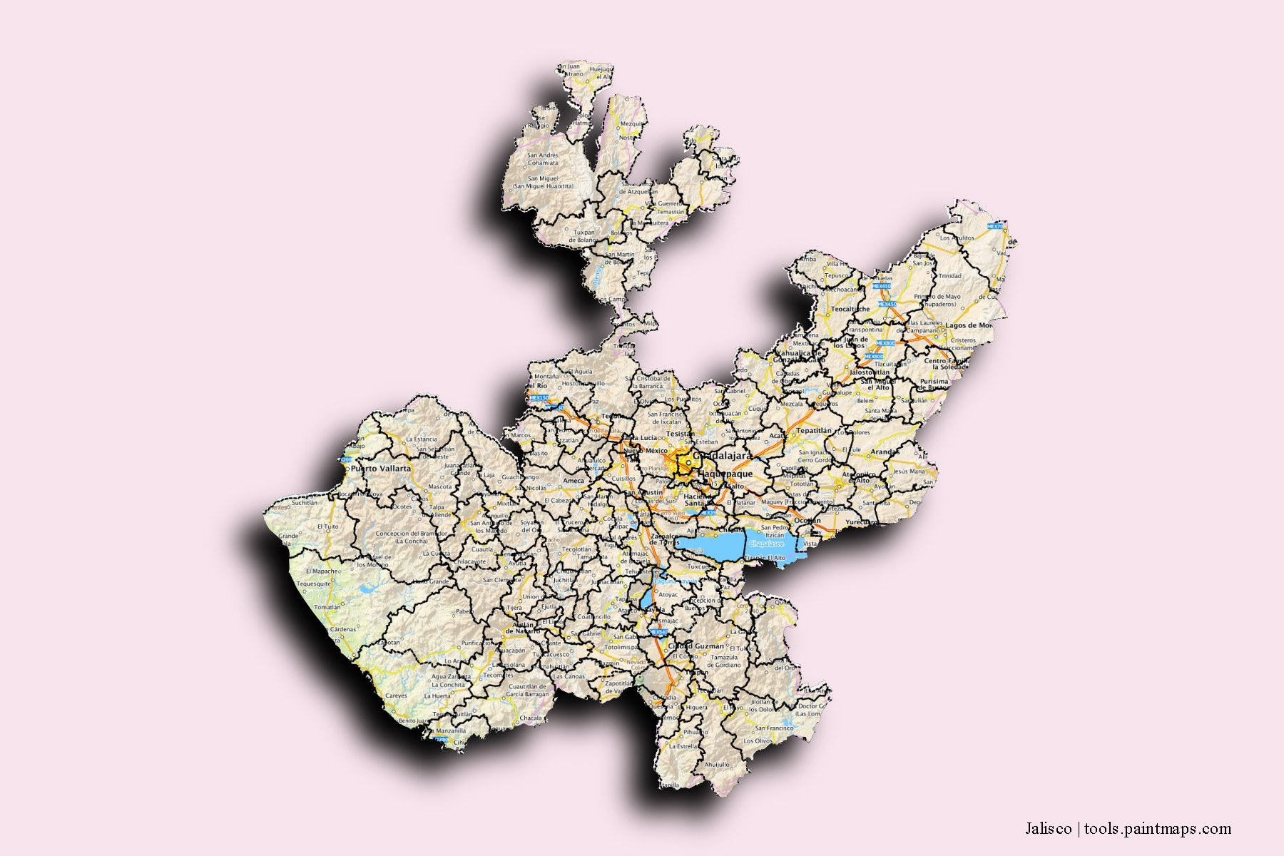 Jalisco and counties map with 3D shadow effect