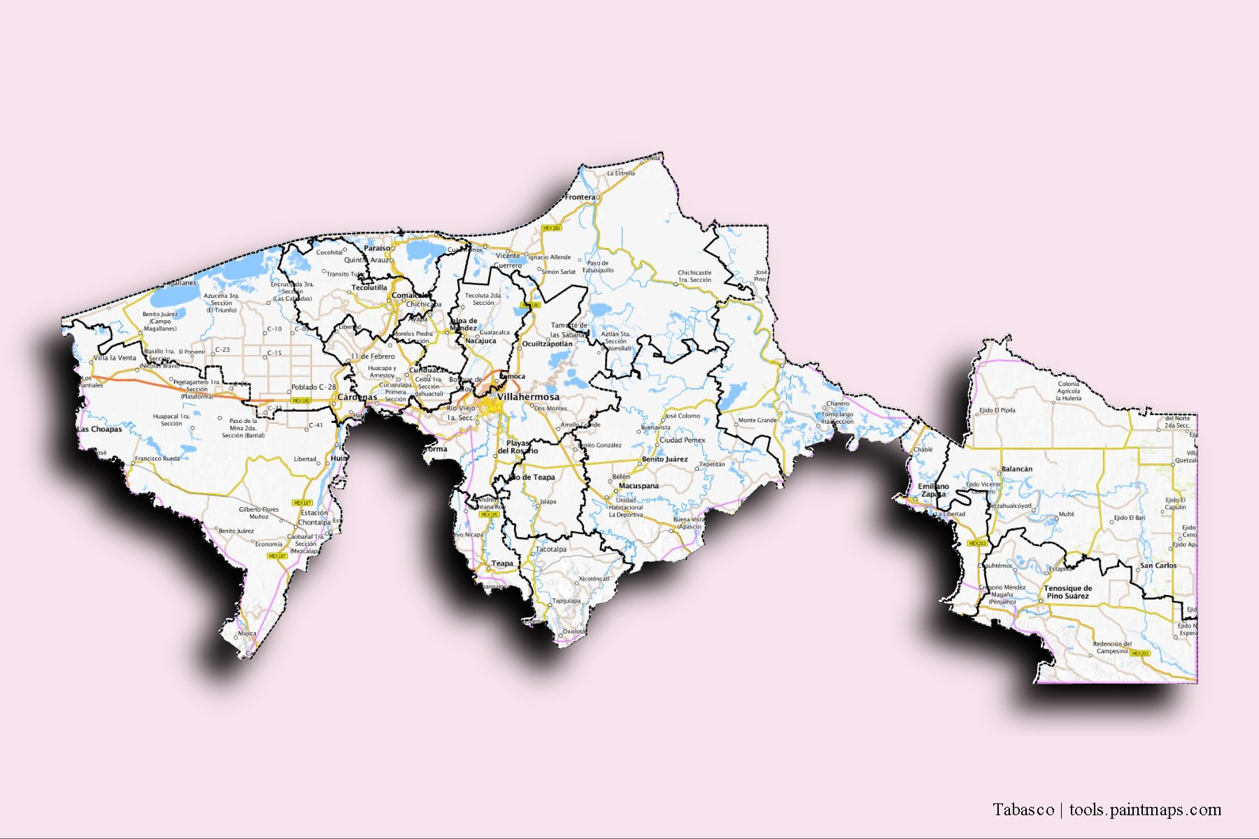 Tabasco and counties map with 3D shadow effect