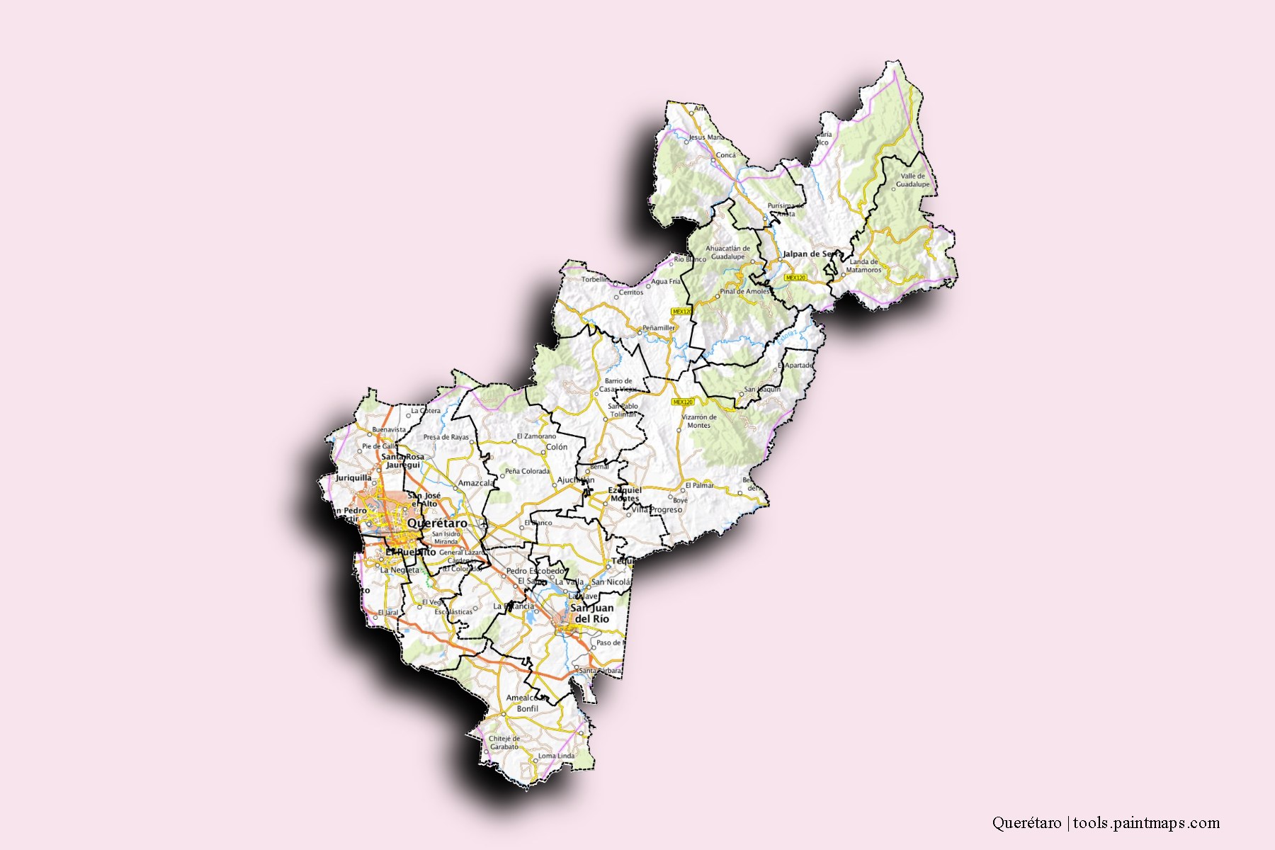 Querétaro and counties map with 3D shadow effect