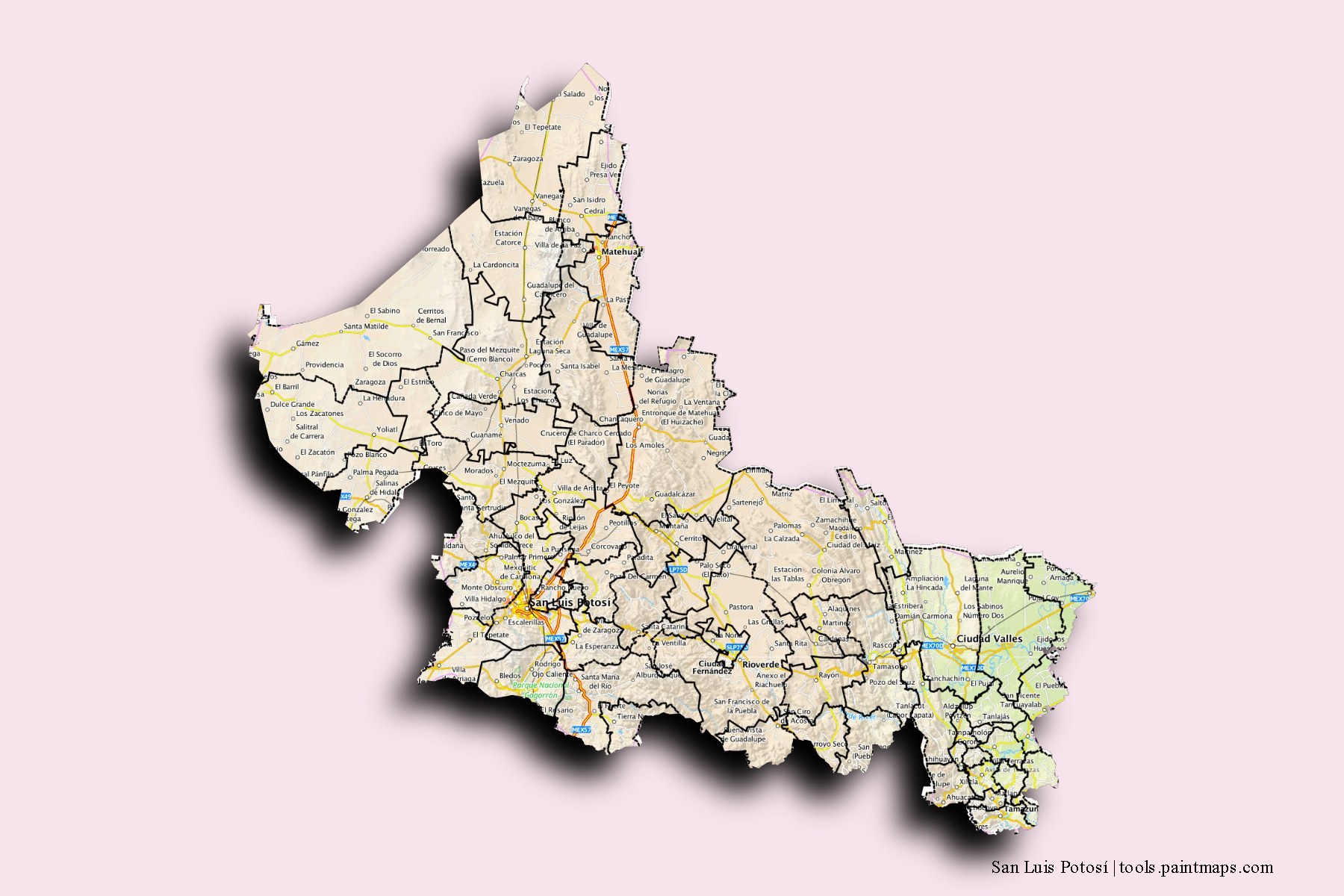 San Luis Potosí and counties map with 3D shadow effect