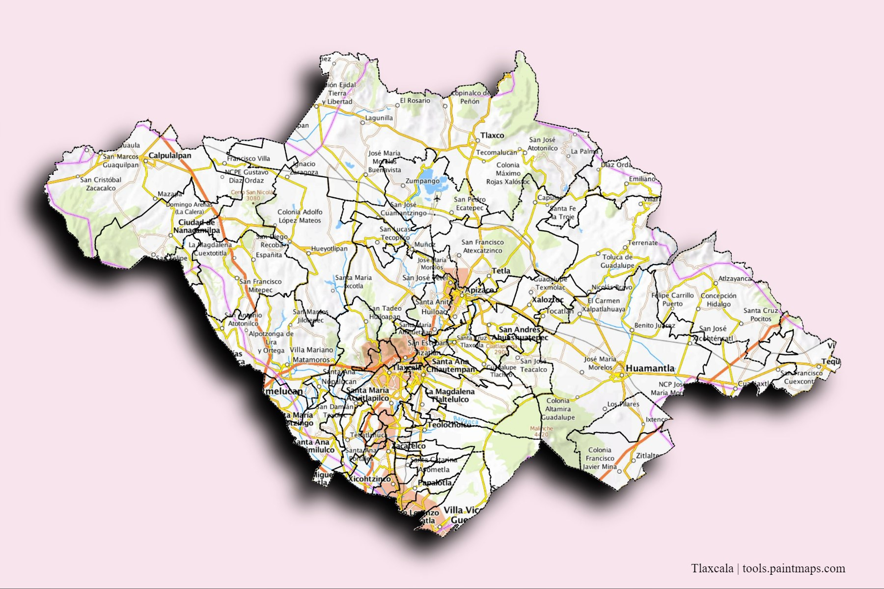 Mapa de Tlaxcala y sus distritos con efecto de sombra 3D