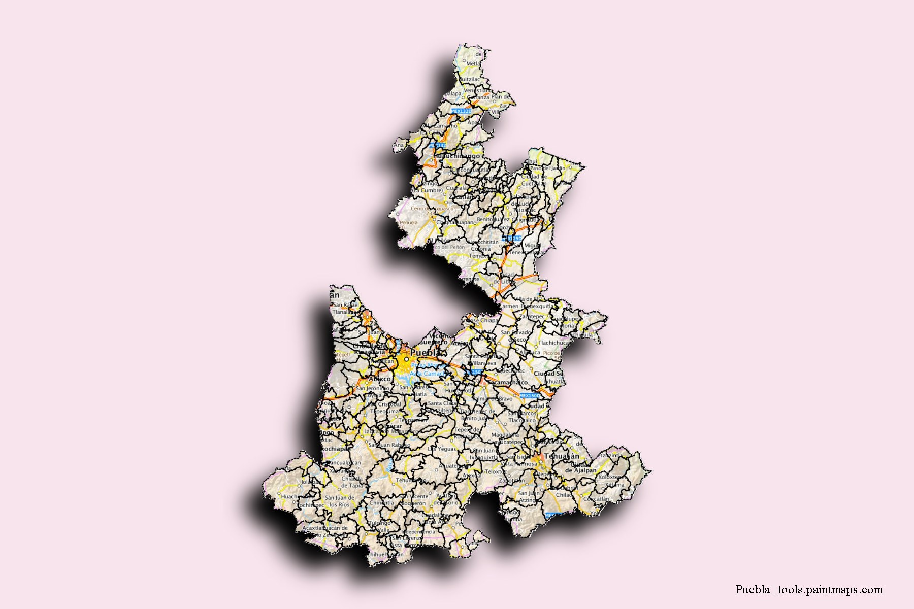 Puebla and counties map with 3D shadow effect