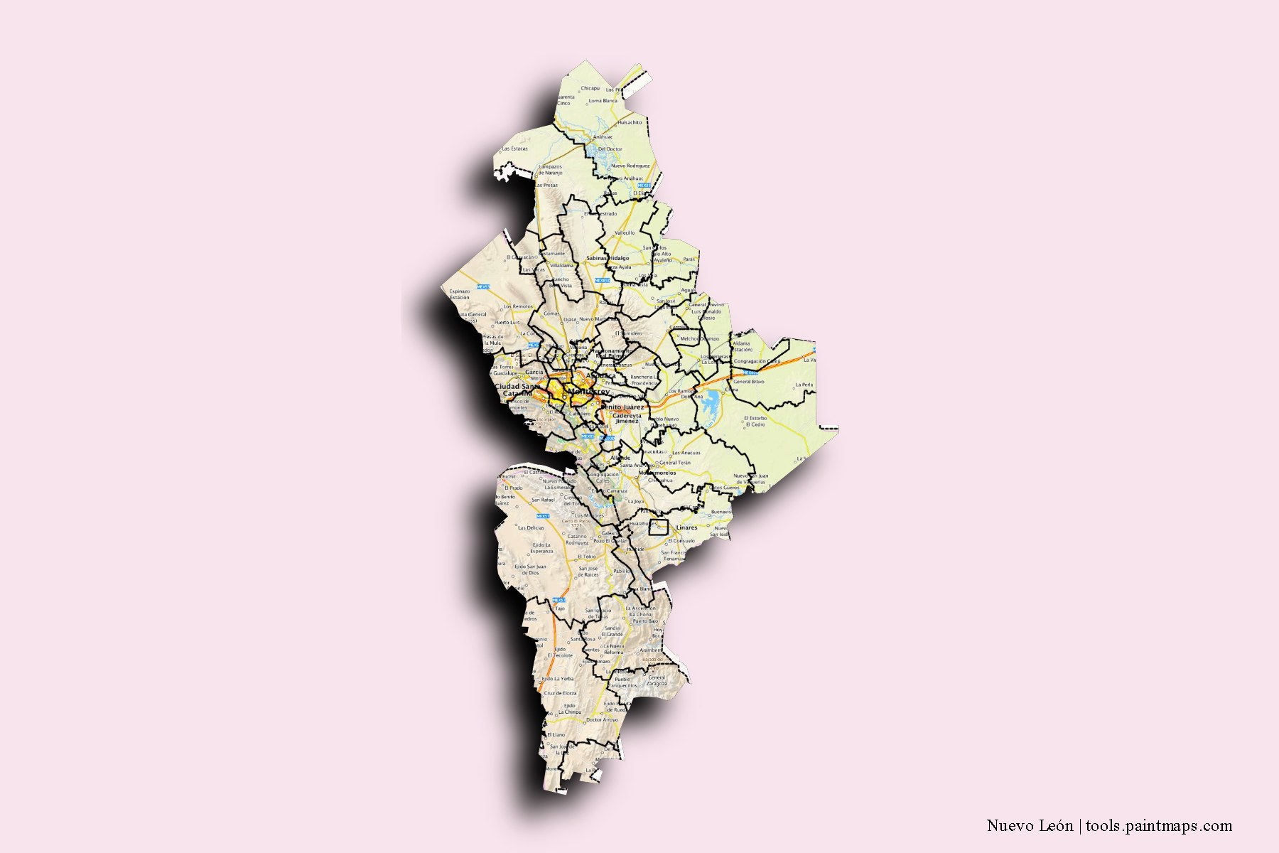 Nuevo León and counties map with 3D shadow effect