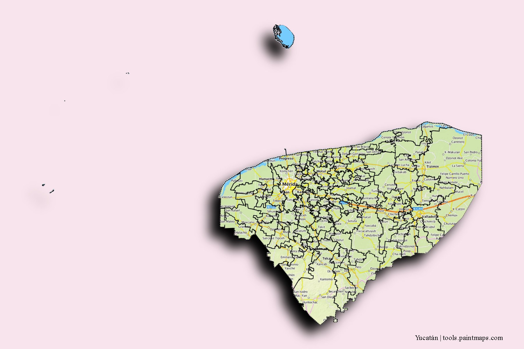 Mapa de Yucatán y sus distritos con efecto de sombra 3D