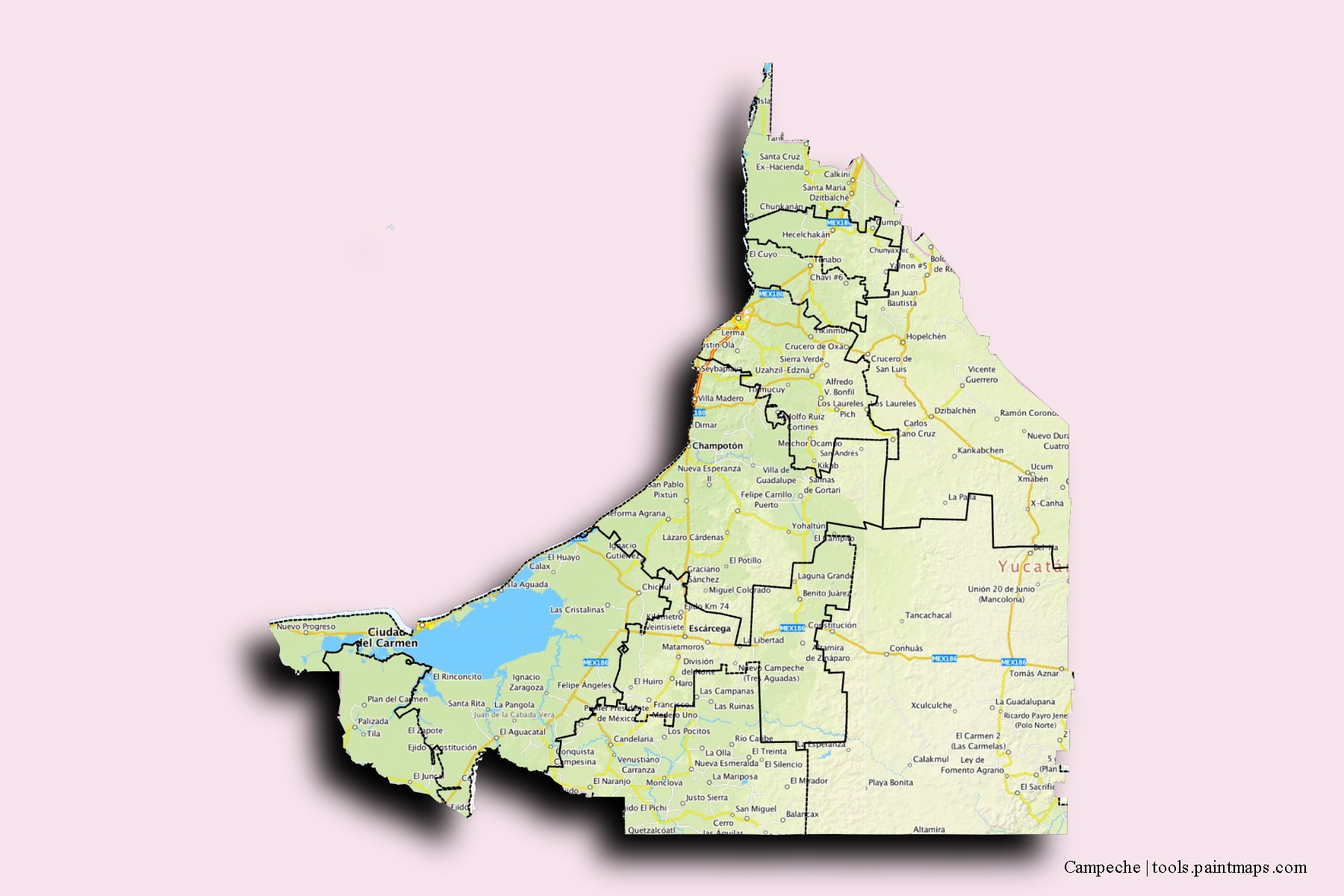 Mapa de Campeche y sus distritos con efecto de sombra 3D