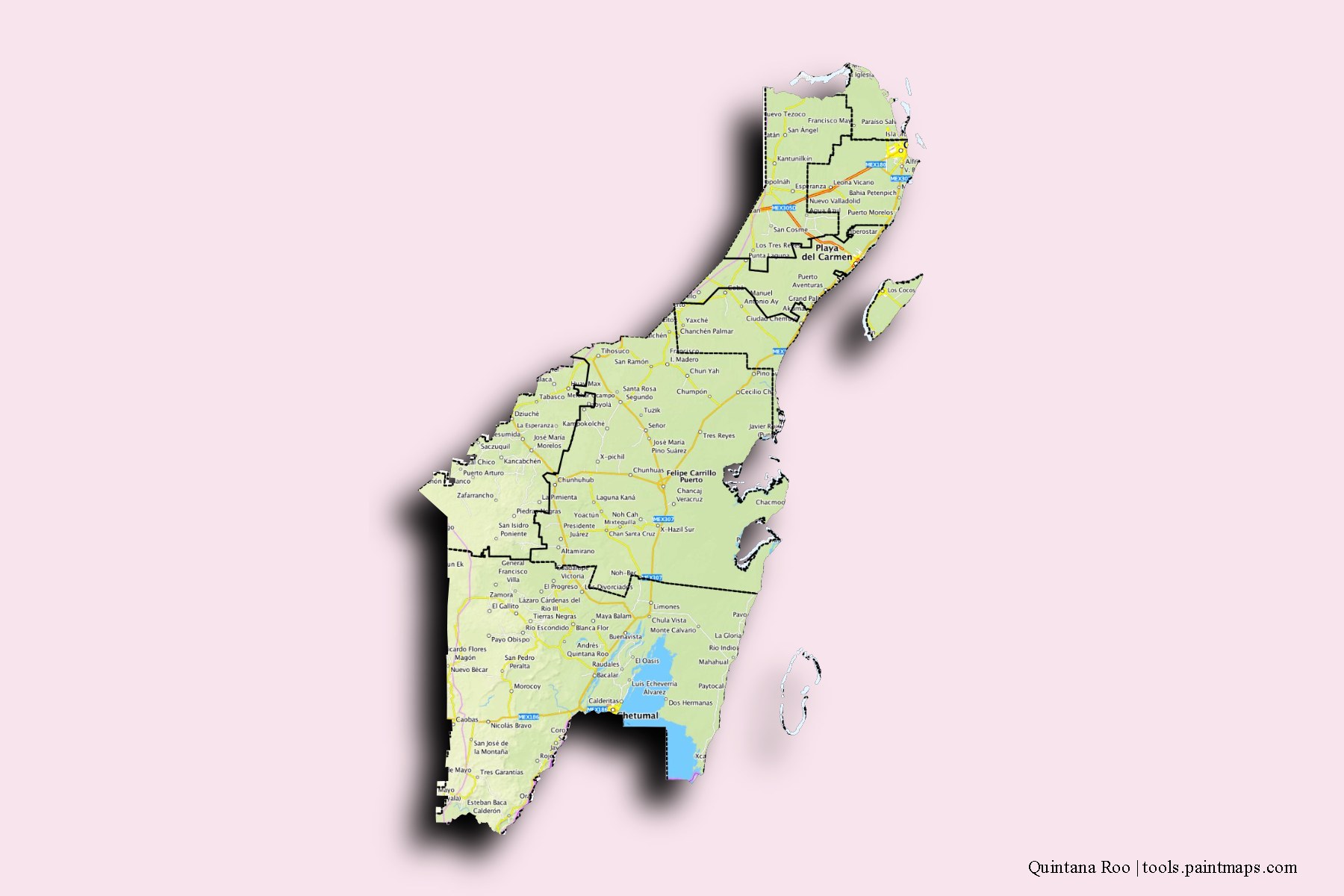 Mapa de Quintana Roo y sus distritos con efecto de sombra 3D