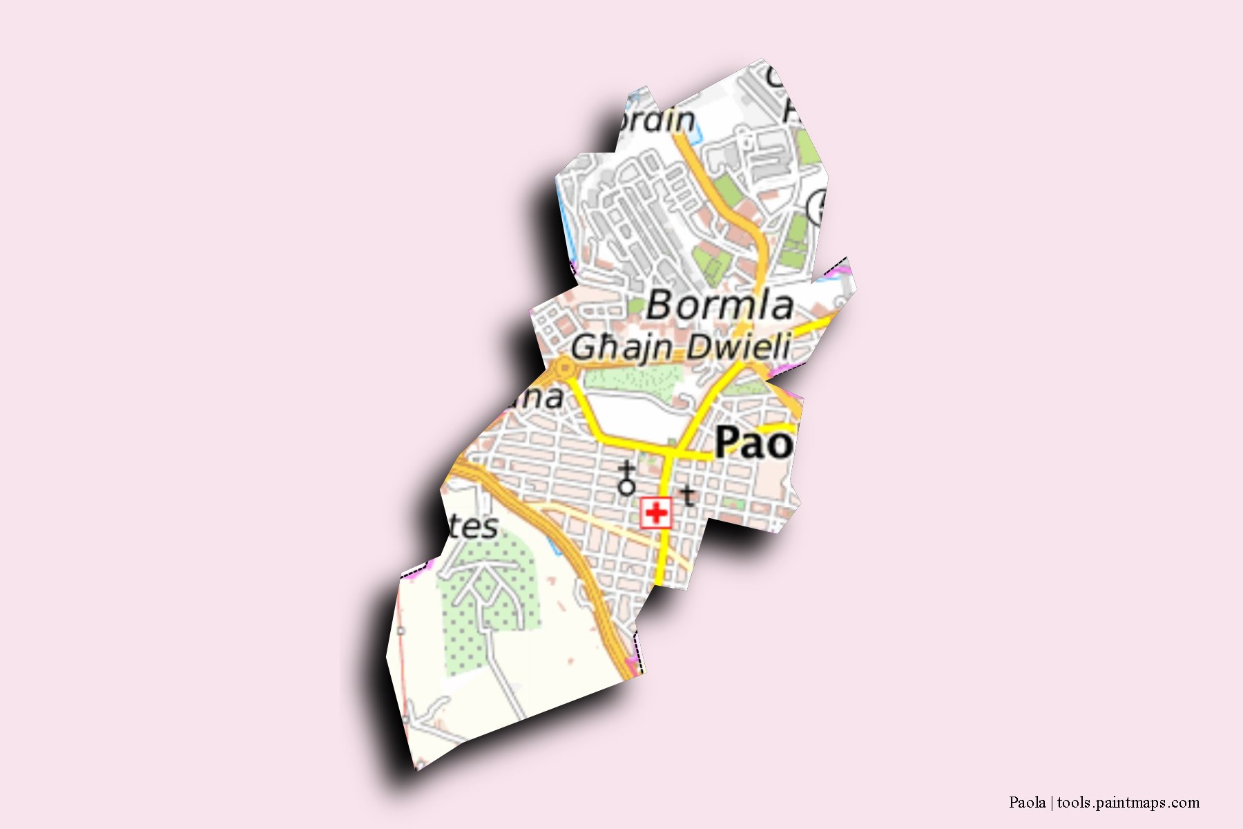 Paola and counties map with 3D shadow effect