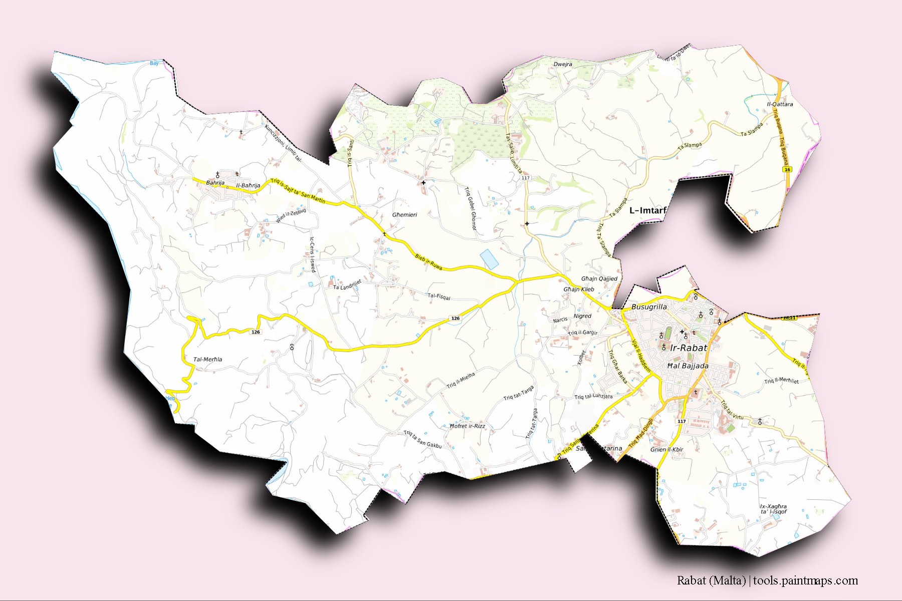 Rabat (Malta) and counties map with 3D shadow effect