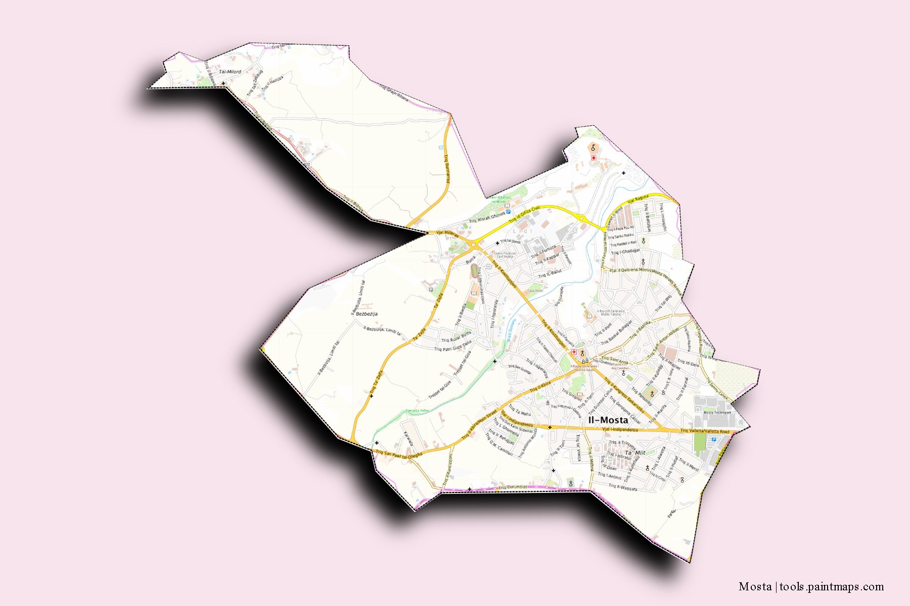 Mosta and counties map with 3D shadow effect