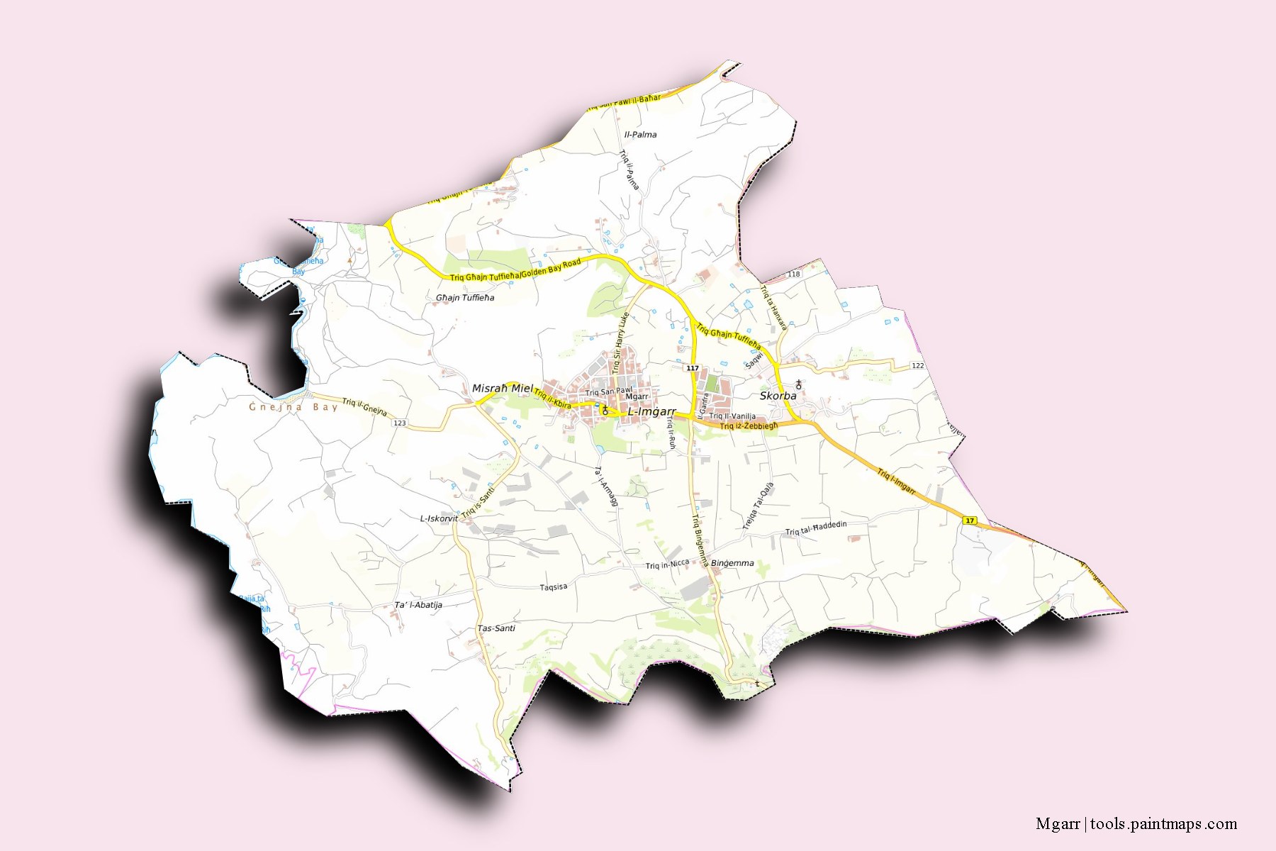 Mgarr and counties map with 3D shadow effect