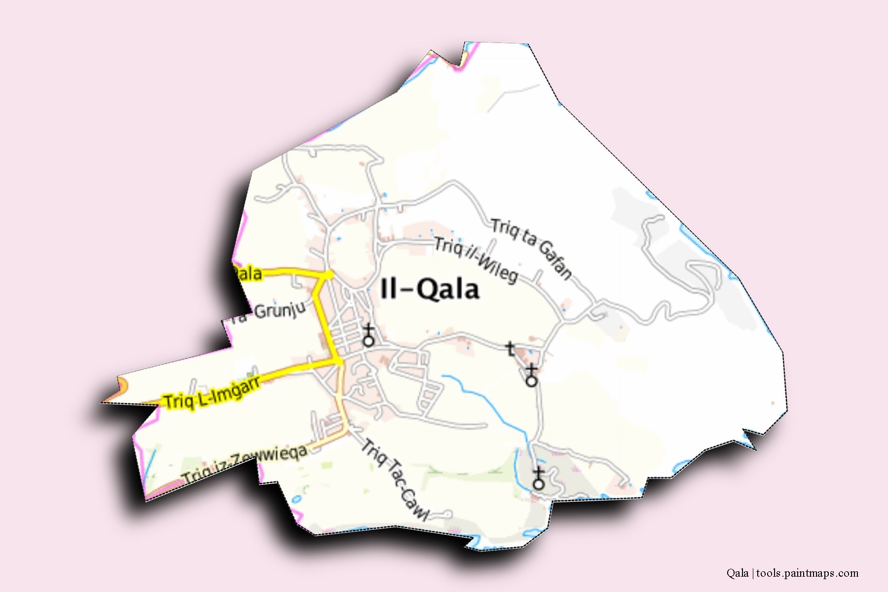 Qala and counties map with 3D shadow effect