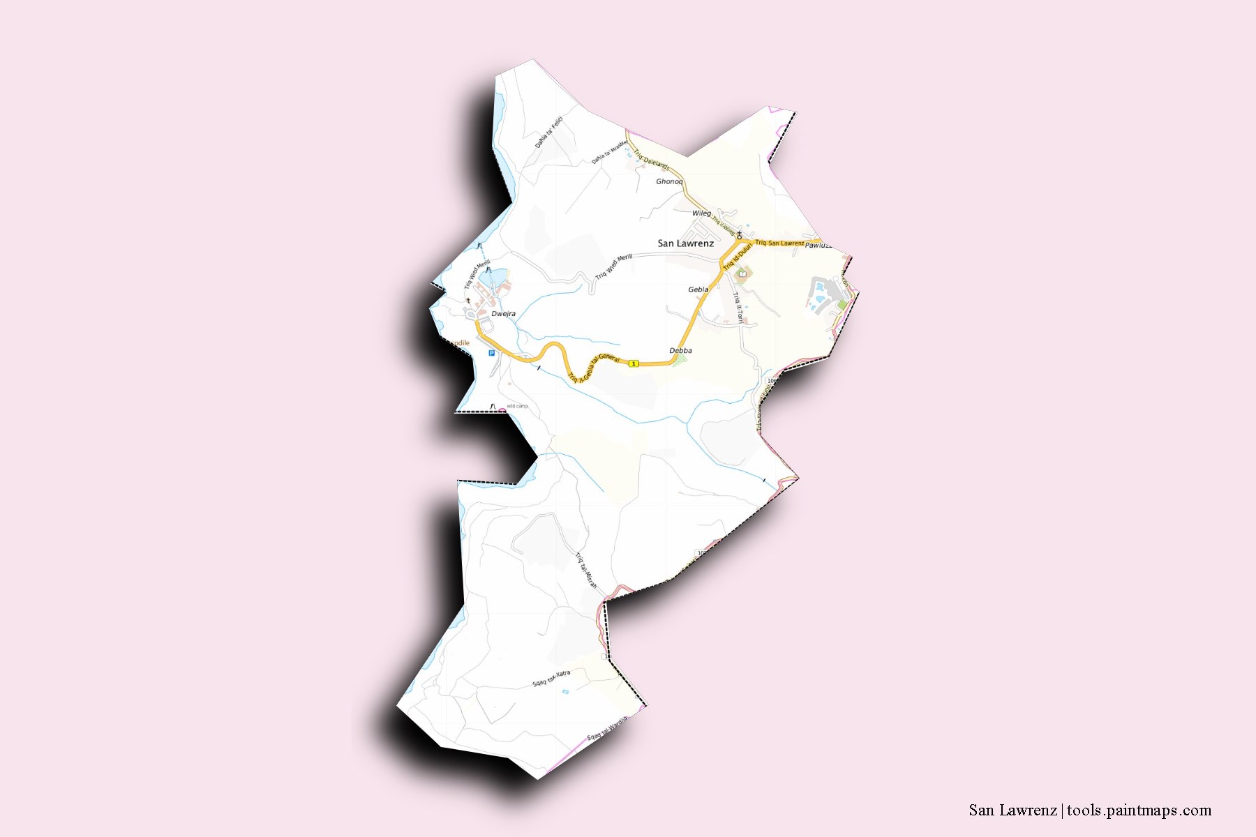 San Lawrenz and counties map with 3D shadow effect