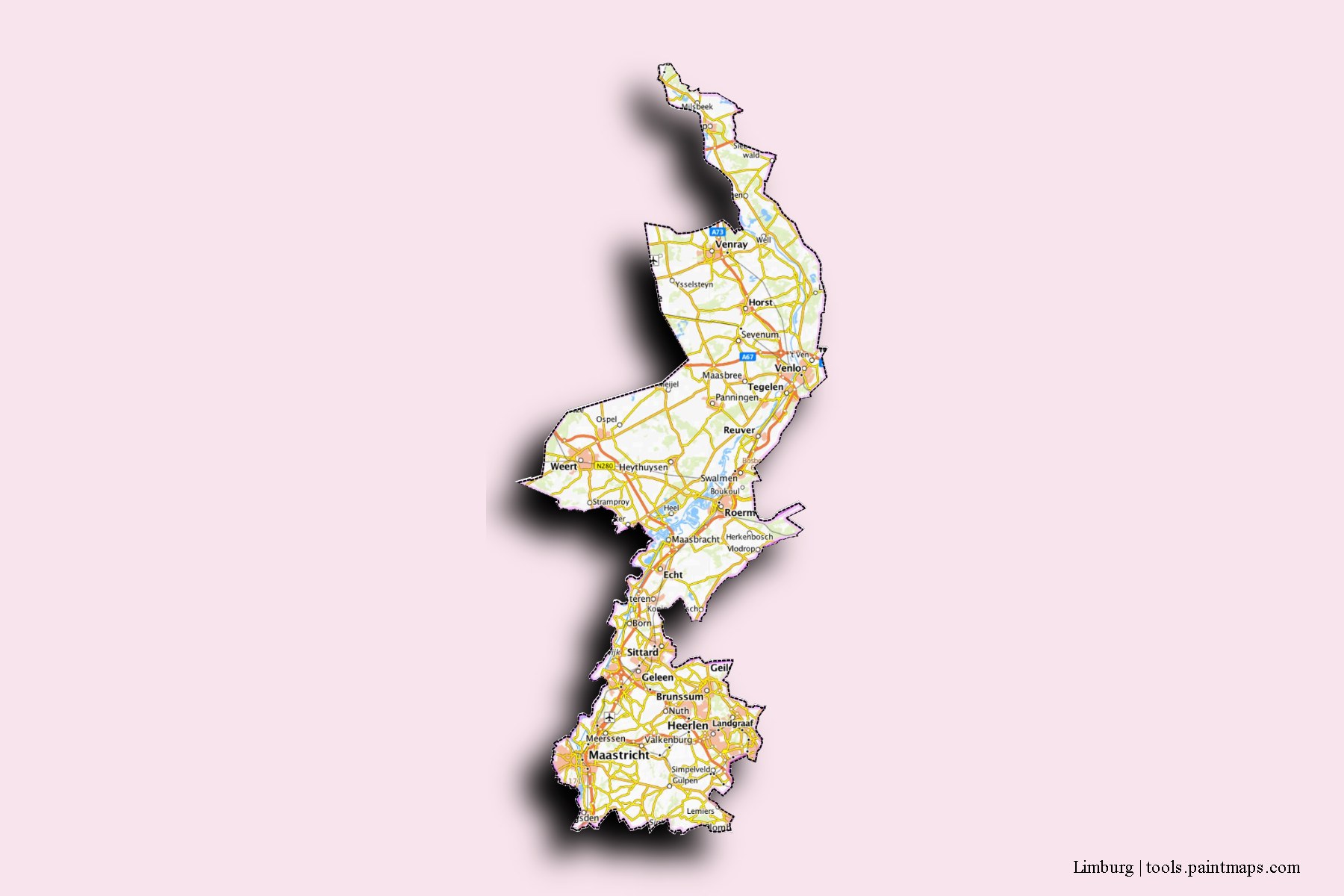 Mapa de Limburg y sus distritos con efecto de sombra 3D