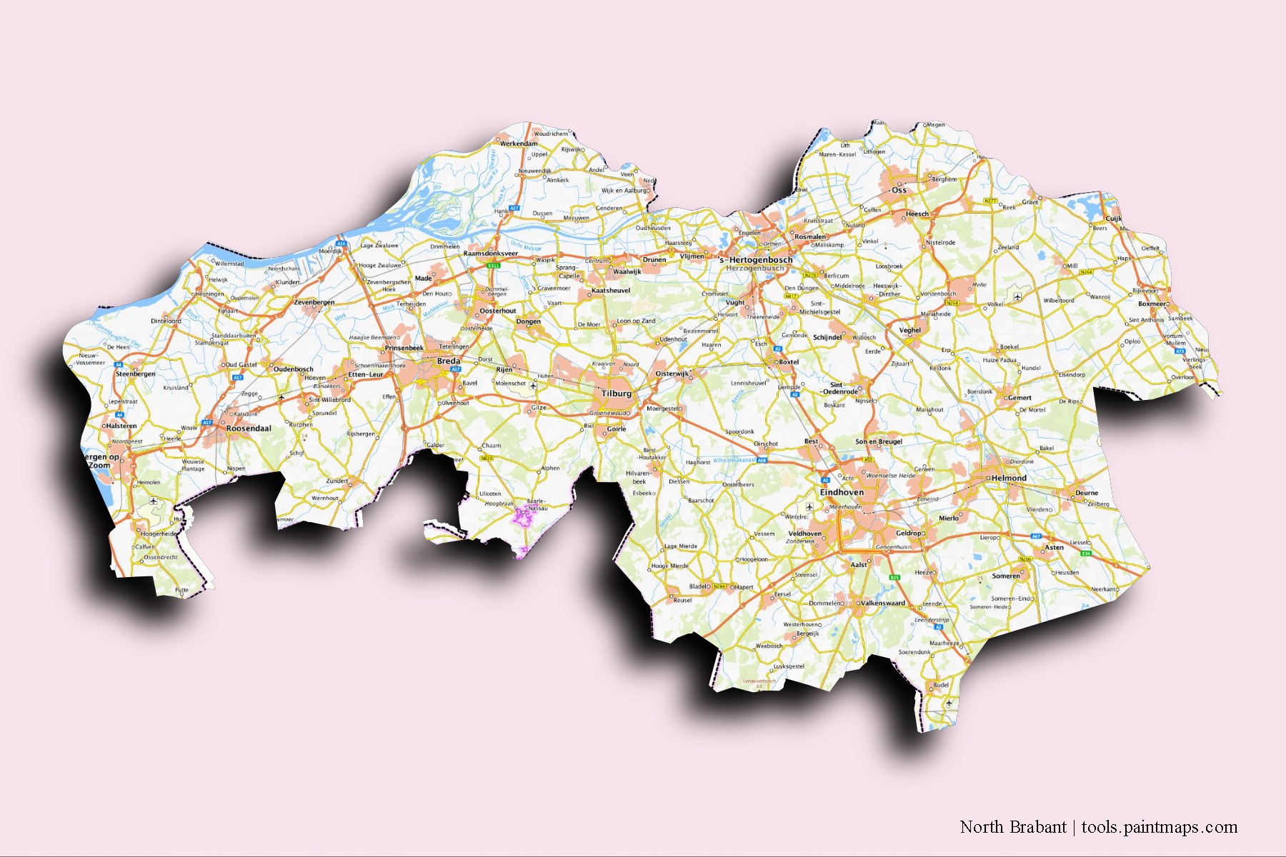 Mapa de North Brabant y sus distritos con efecto de sombra 3D