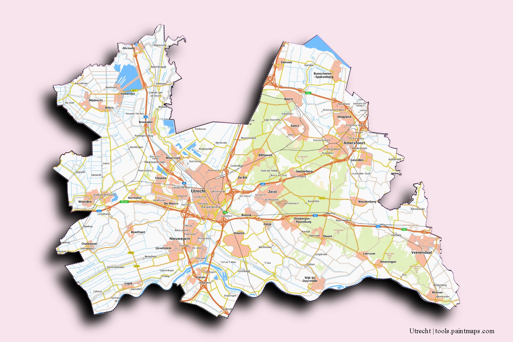 3D gölge efektli Utrecht ve ilçeleri haritası