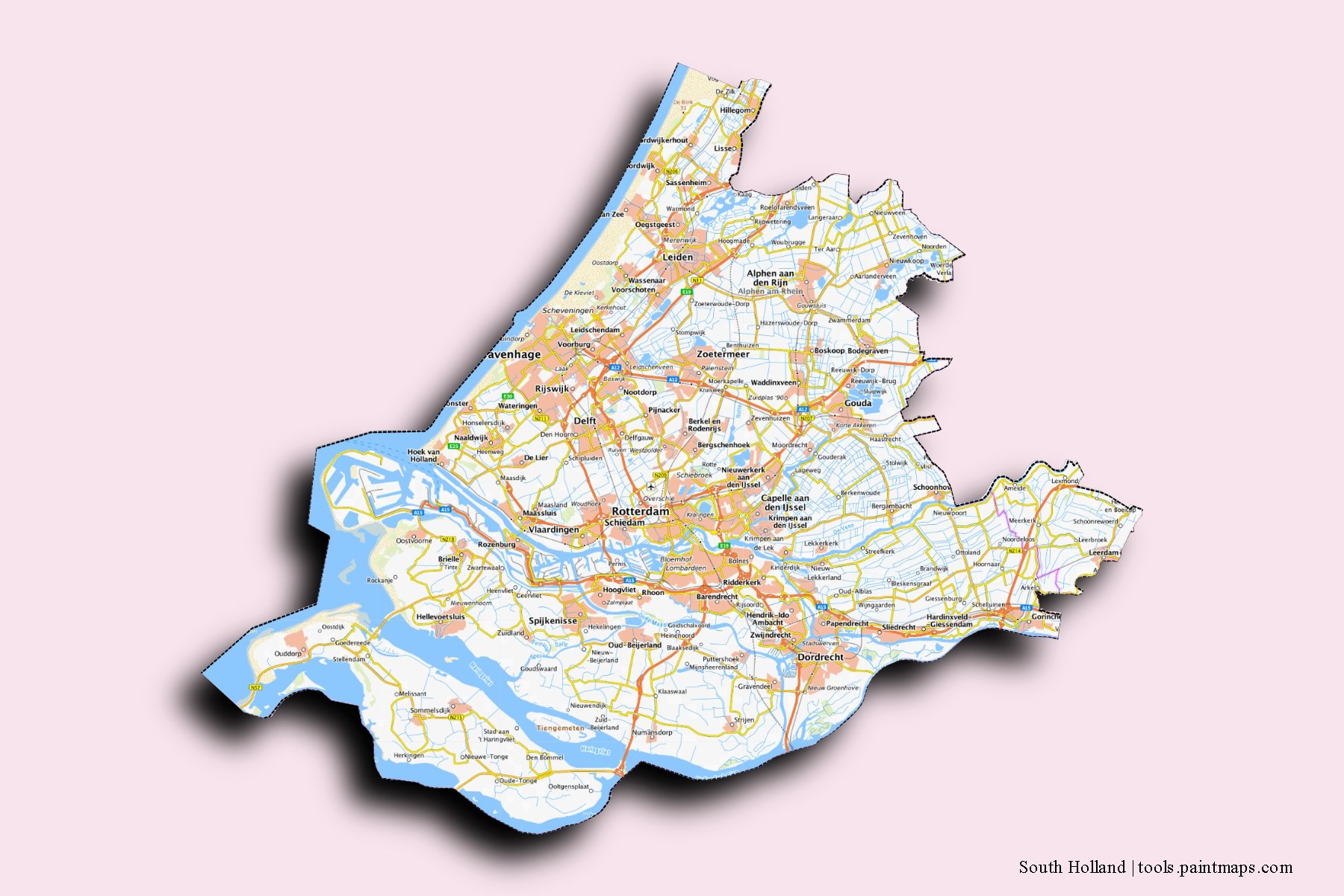 3D gölge efektli Güney Hollanda ve ilçeleri haritası