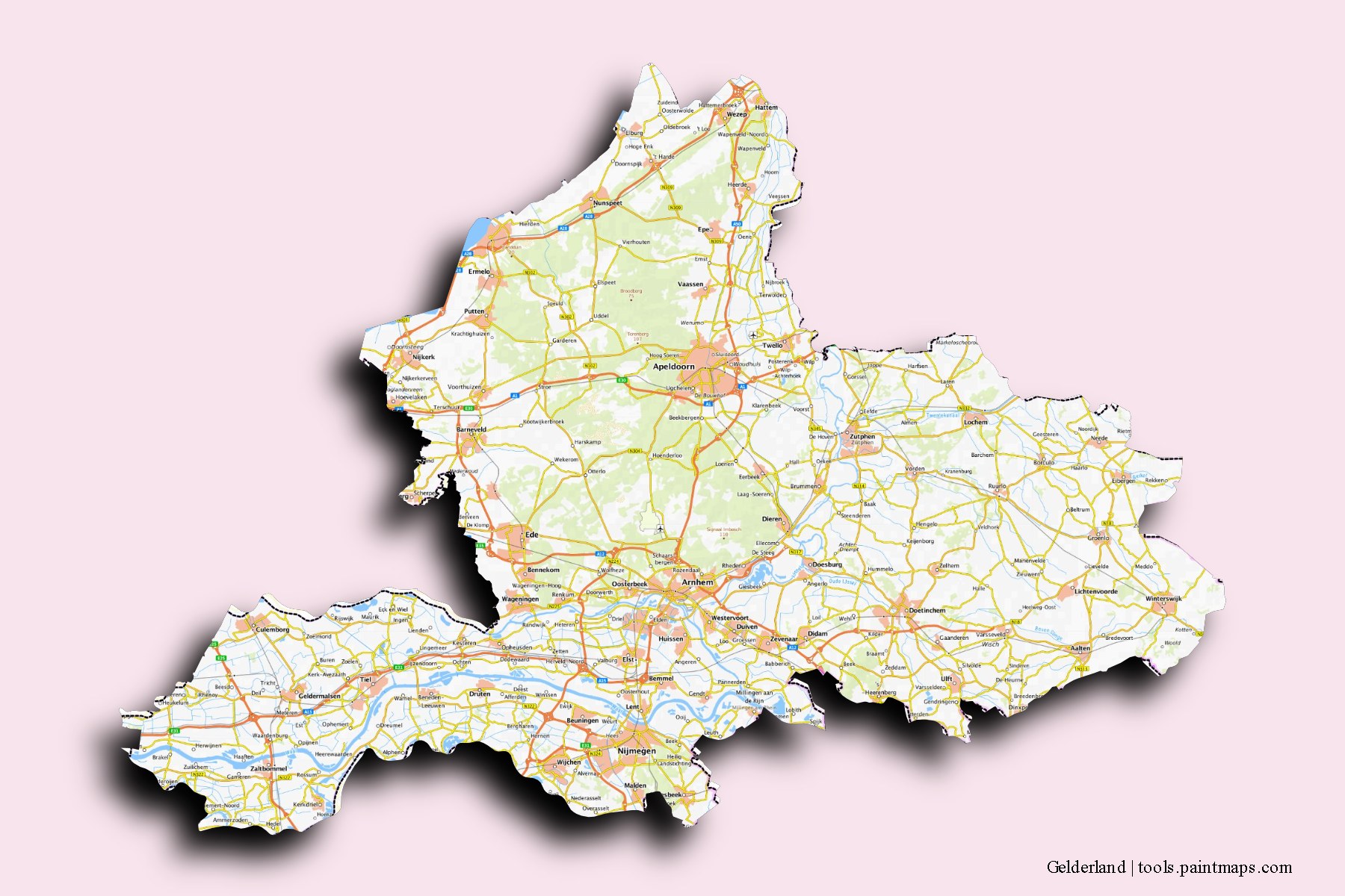 Mapa de Gelderland y sus distritos con efecto de sombra 3D