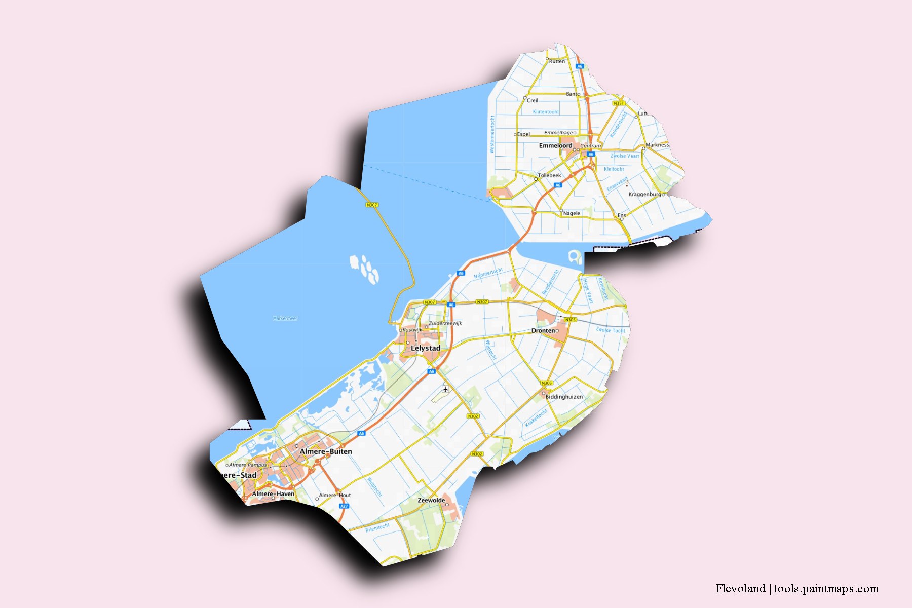 Mapa de Flevoland y sus distritos con efecto de sombra 3D