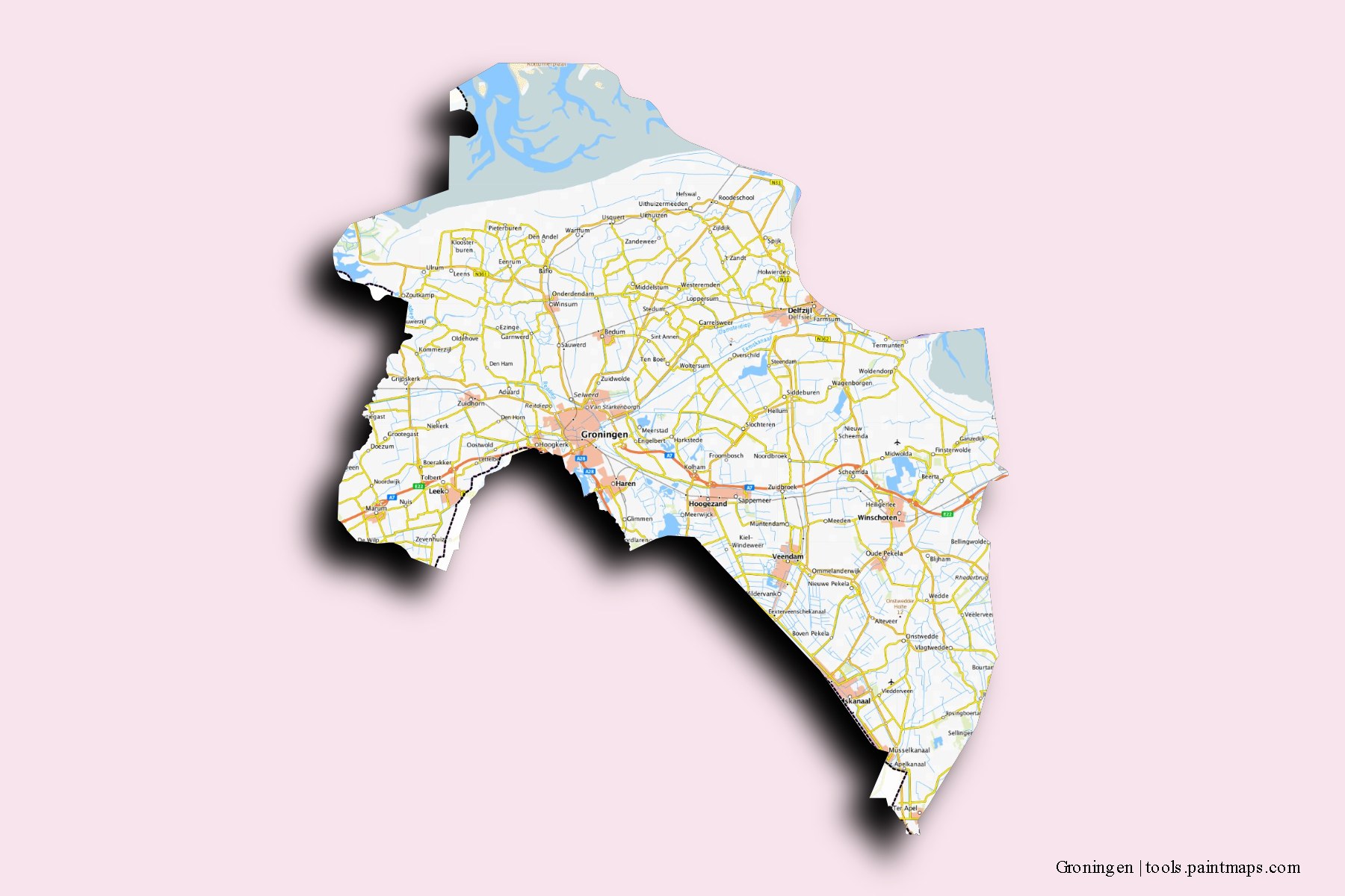 3D gölge efektli Groningen ve ilçeleri haritası