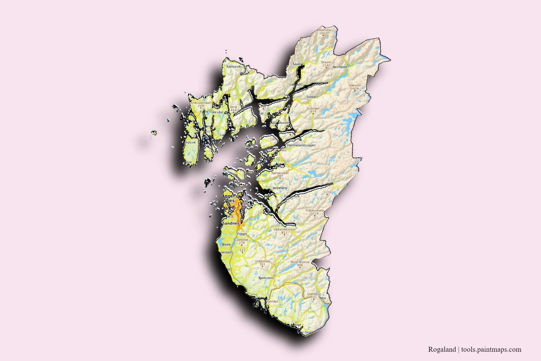 Mapa de Rogaland y sus distritos con efecto de sombra 3D