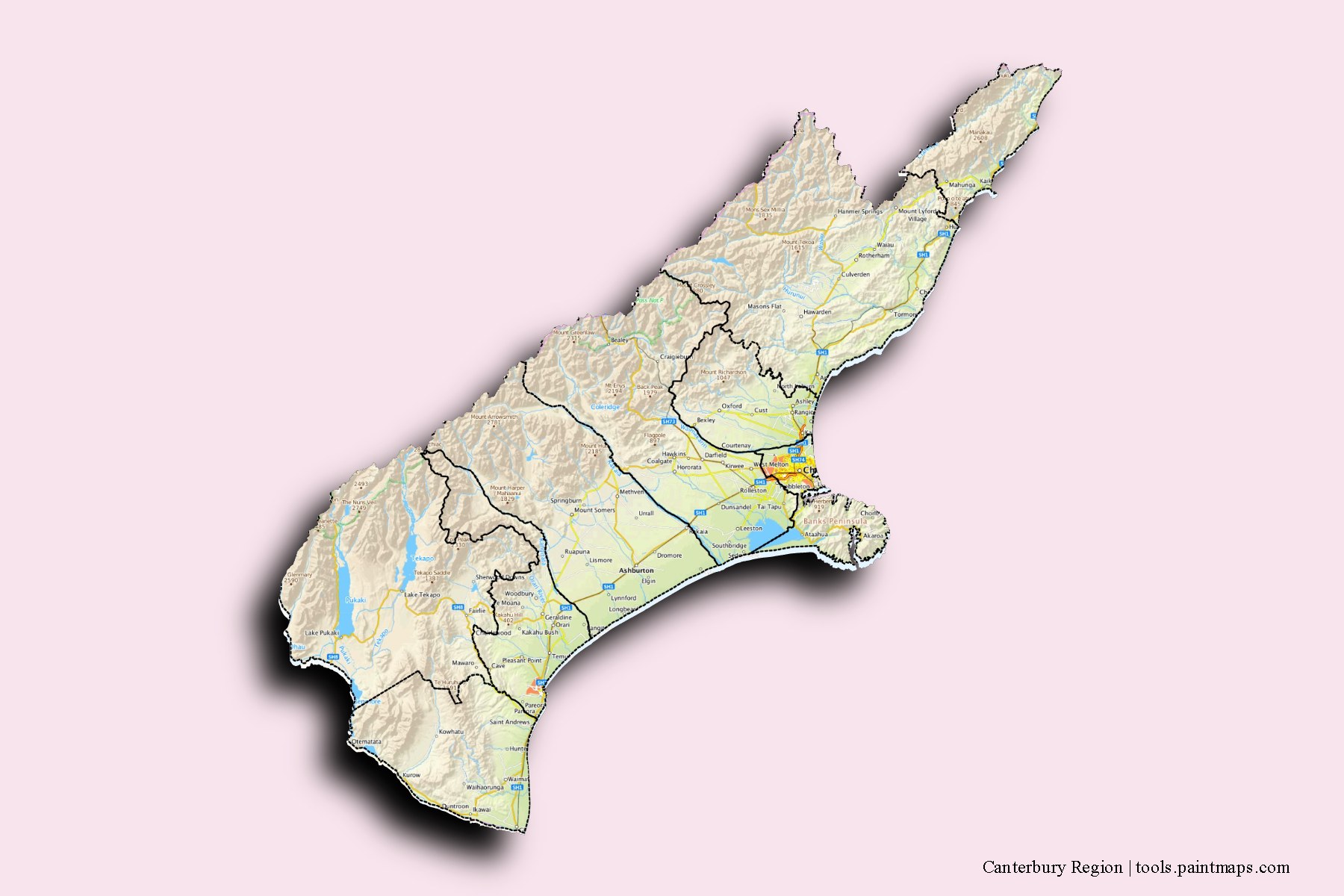 Mapa de Canterbury Region y sus distritos con efecto de sombra 3D