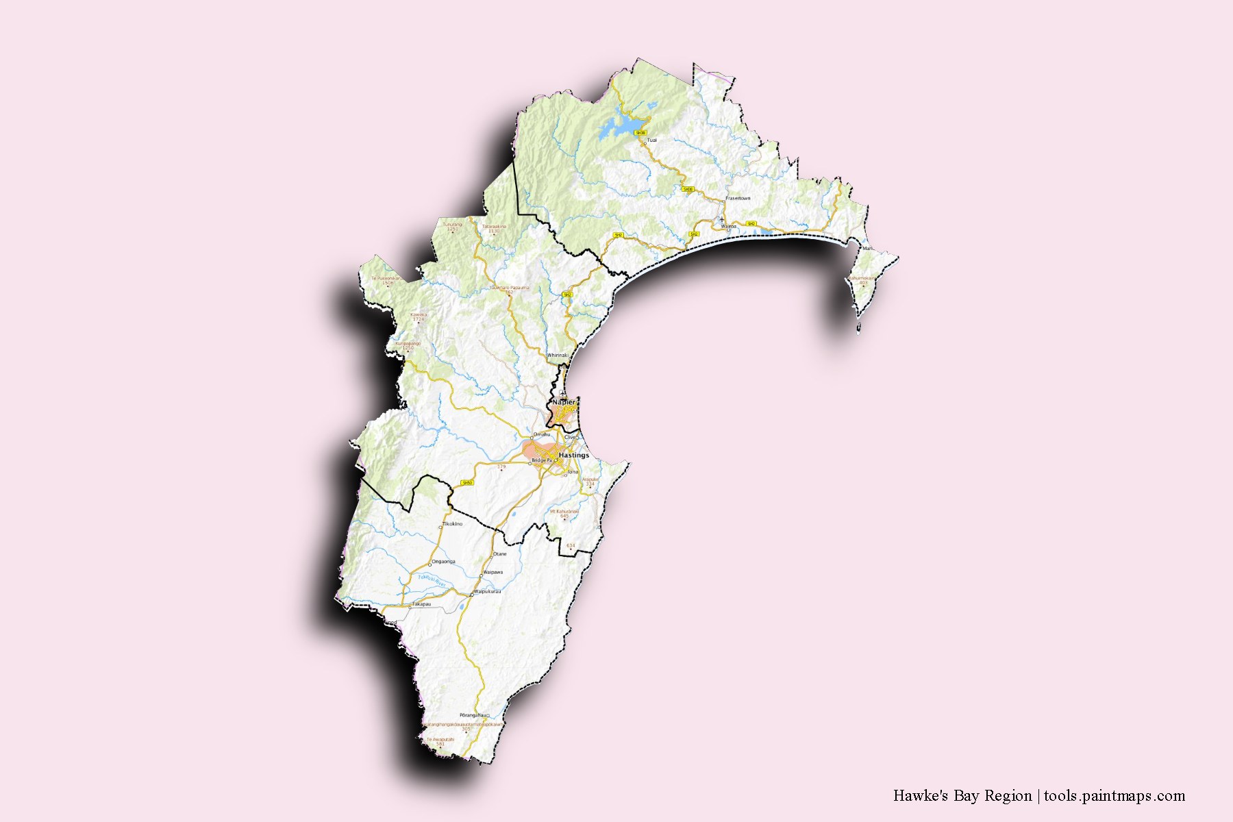 Hawke's Bay Region and counties map with 3D shadow effect