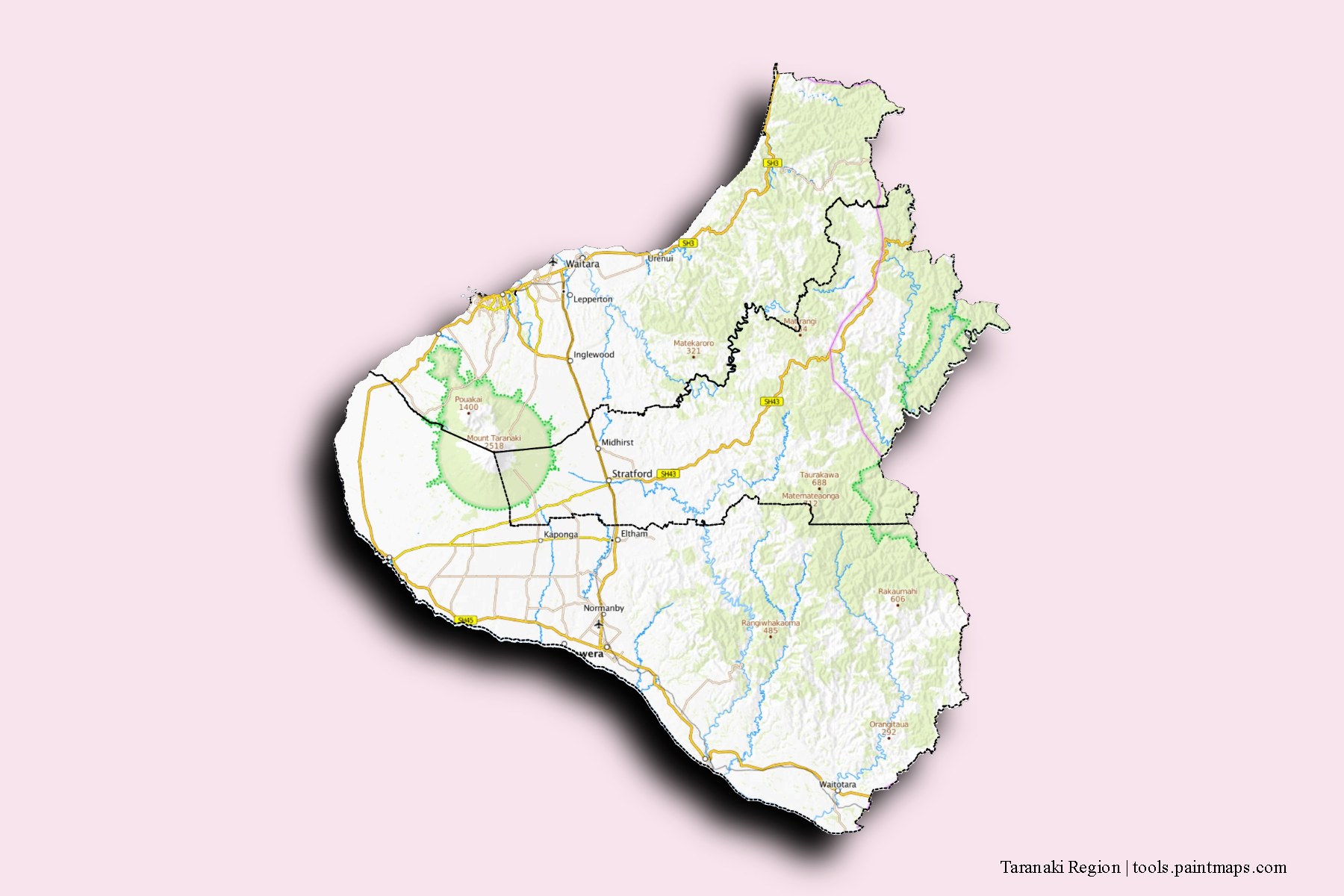 Mapa de Taranaki Region y sus distritos con efecto de sombra 3D