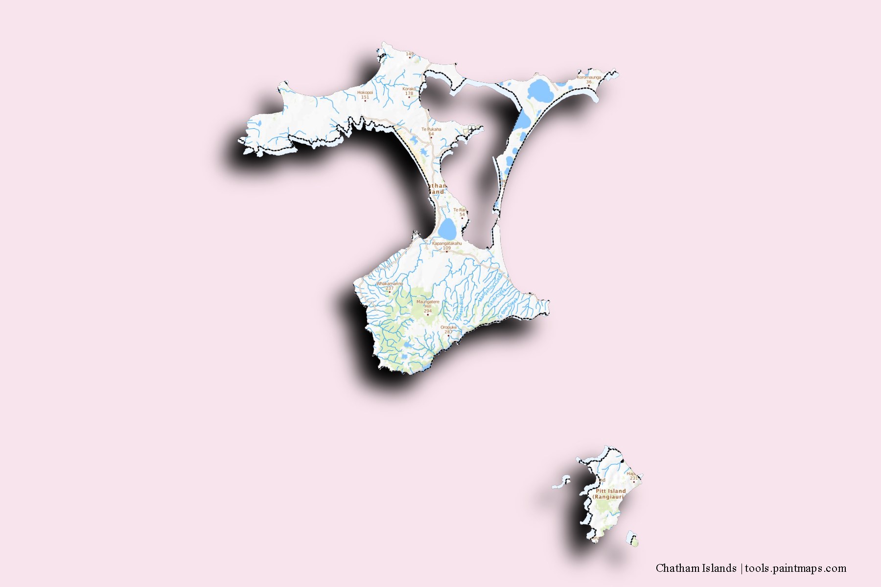 Mapa de Chatham Islands y sus distritos con efecto de sombra 3D