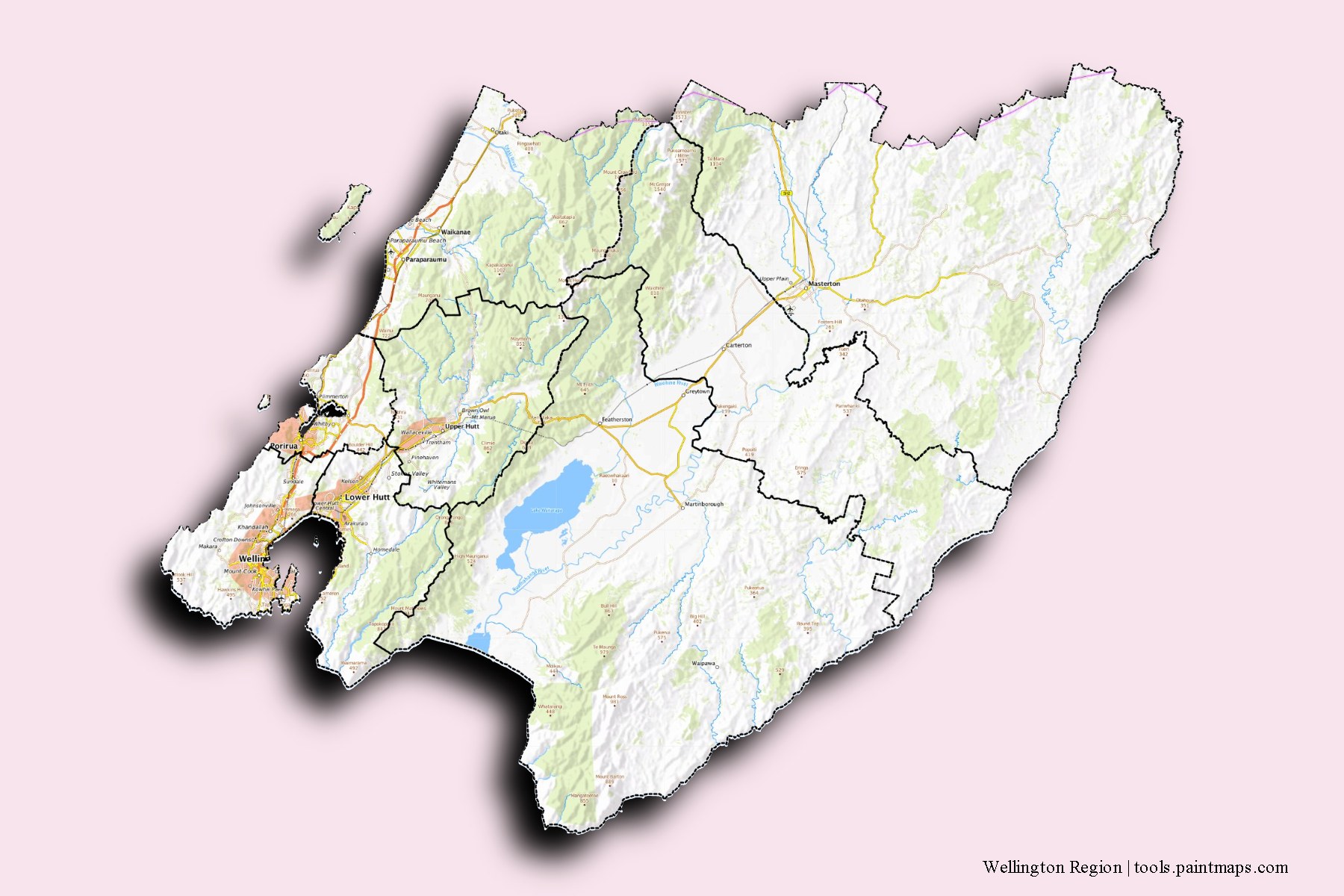 Mapa de Wellington Region y sus distritos con efecto de sombra 3D