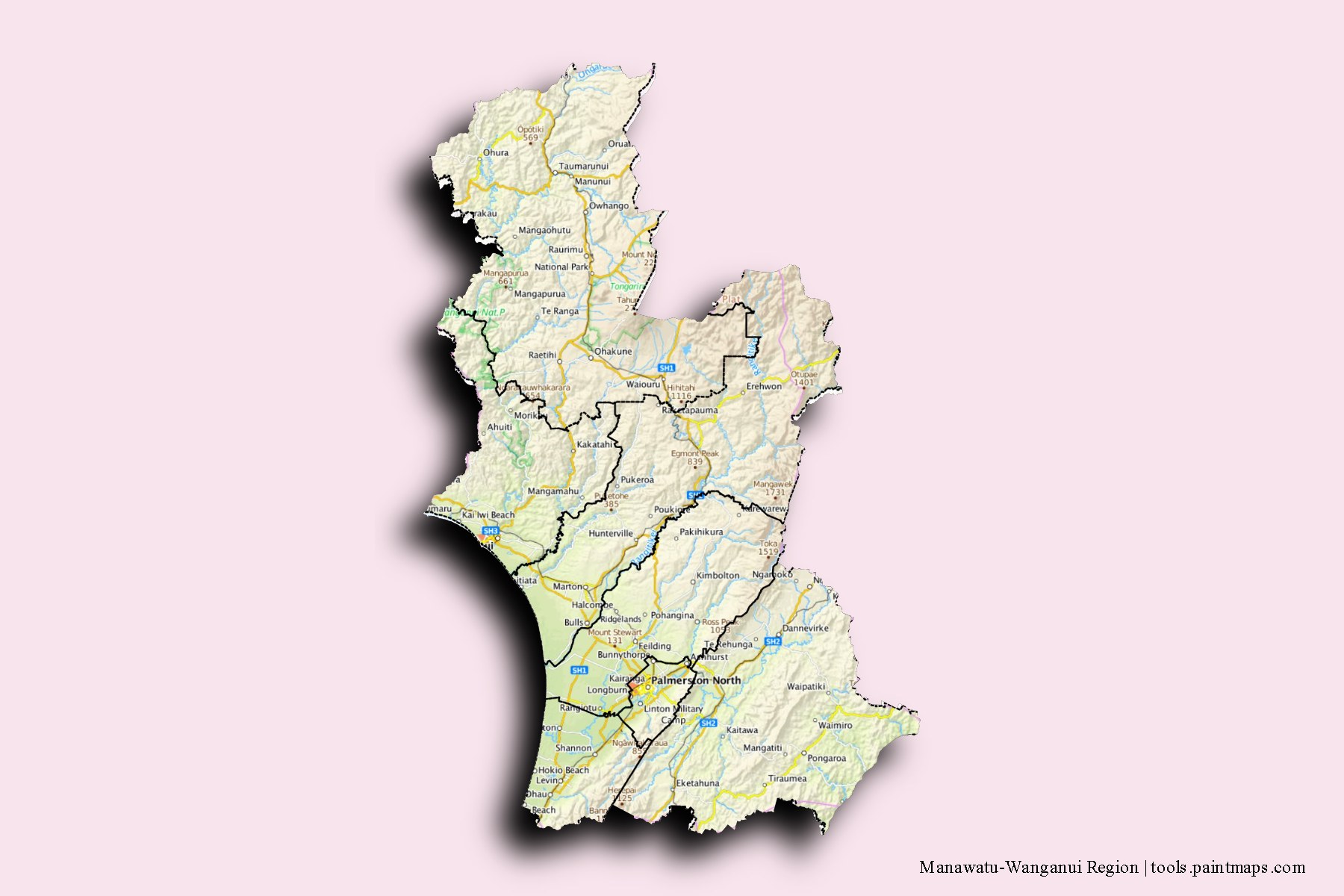 Mapa de Manawatu-Wanganui Region y sus distritos con efecto de sombra 3D