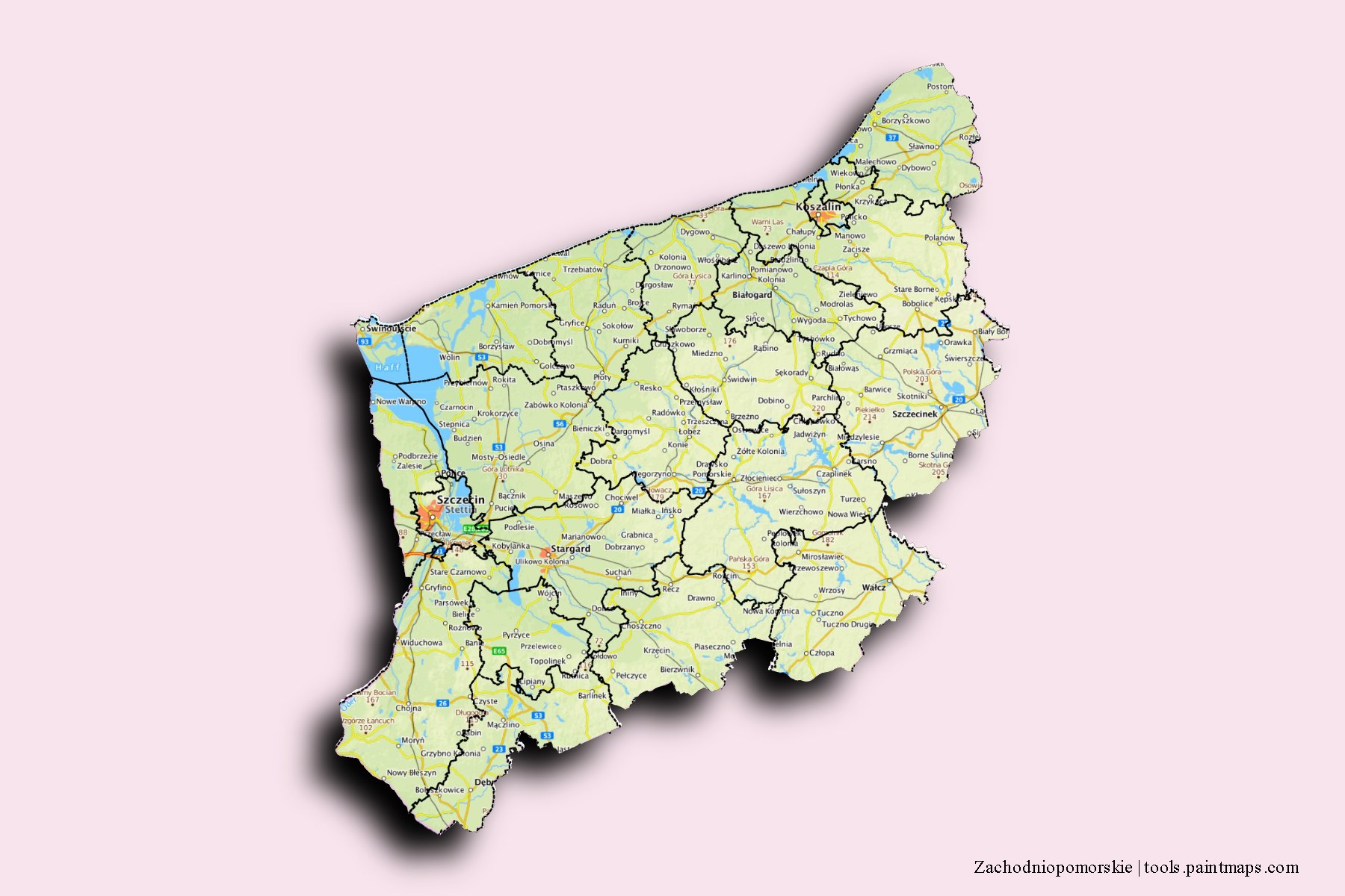 Mapa de Zachodniopomorskie y sus distritos con efecto de sombra 3D