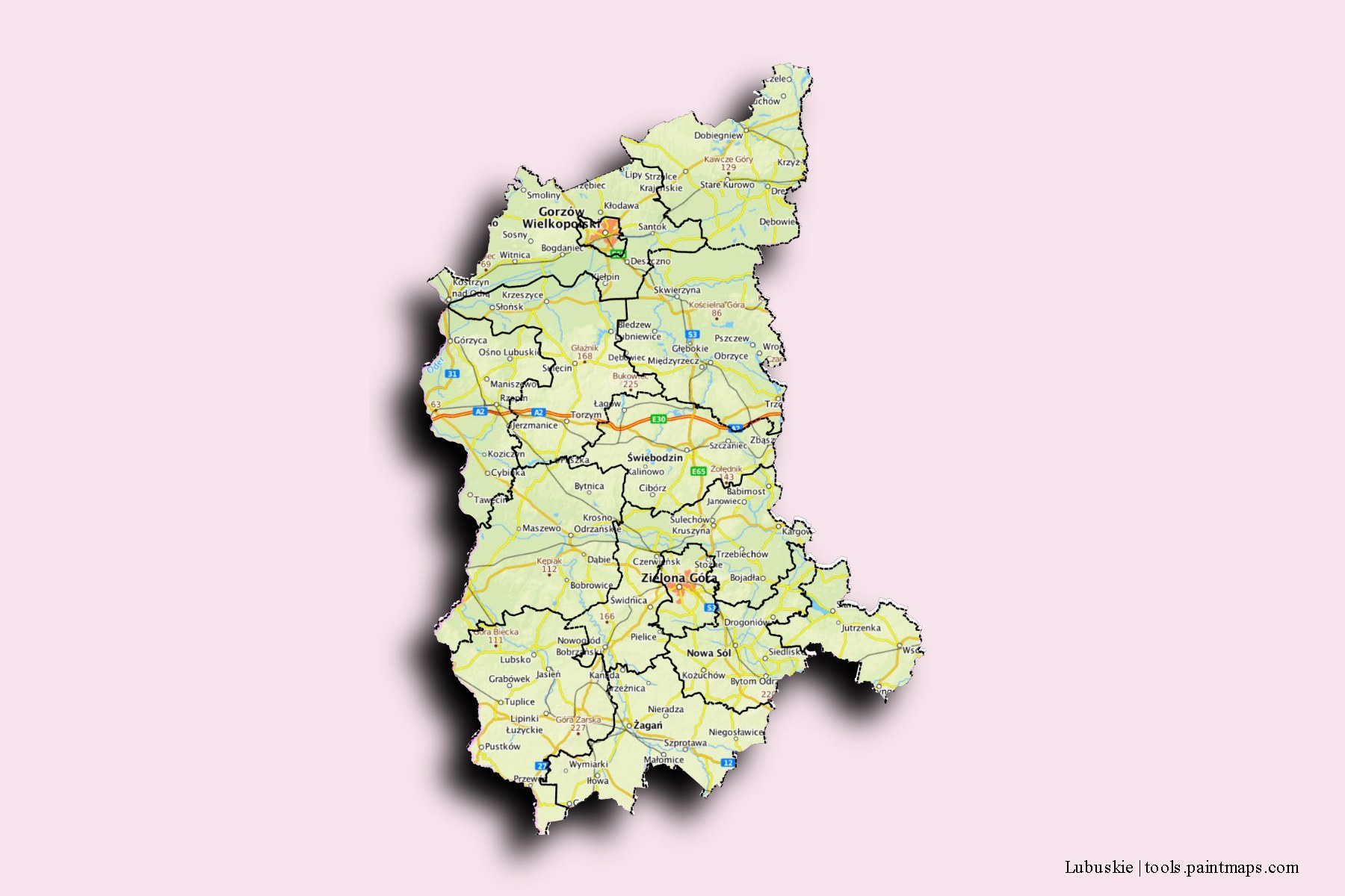 Lubuskie and counties map with 3D shadow effect