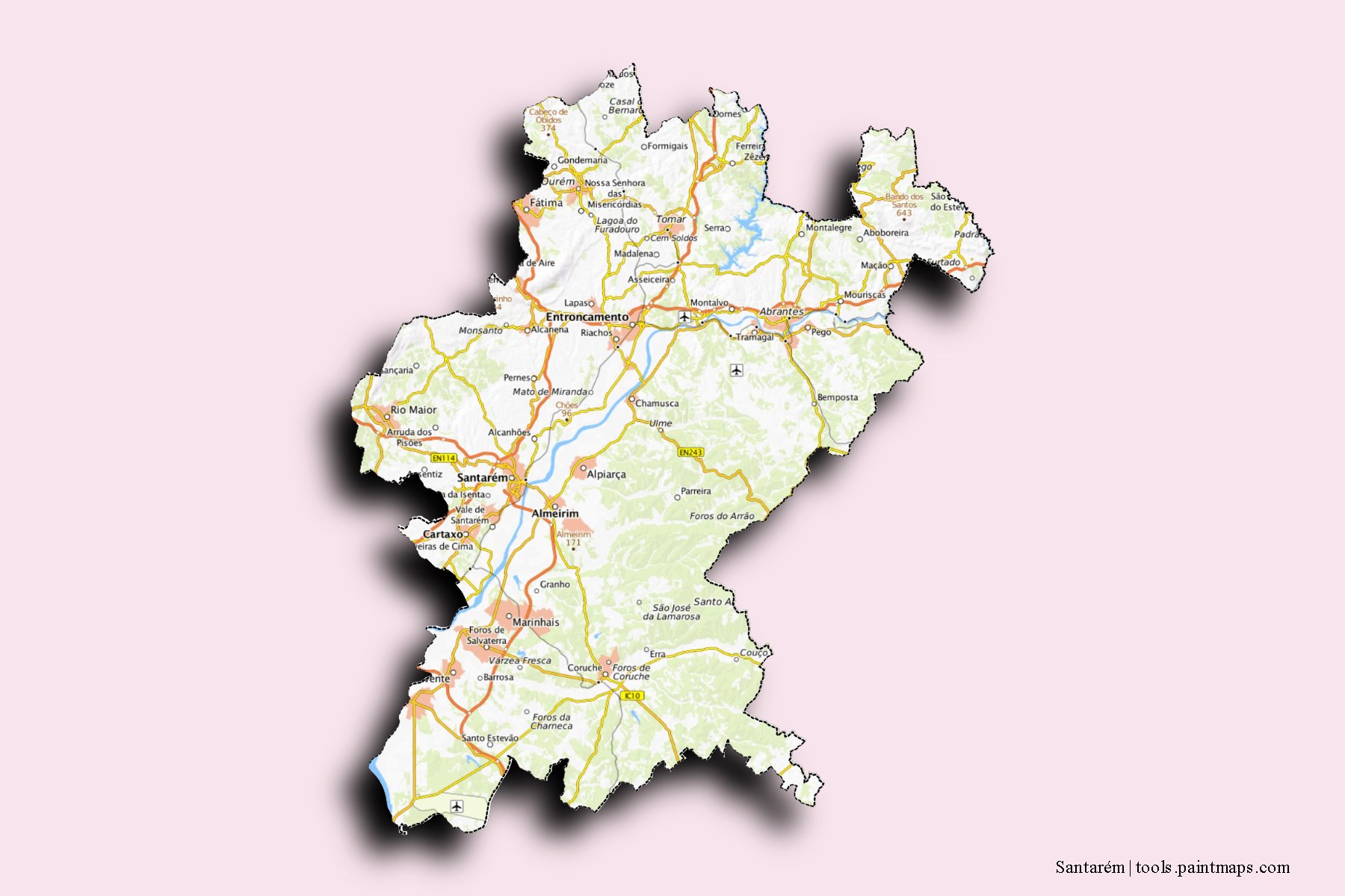 Mapa de Santarém y sus distritos con efecto de sombra 3D