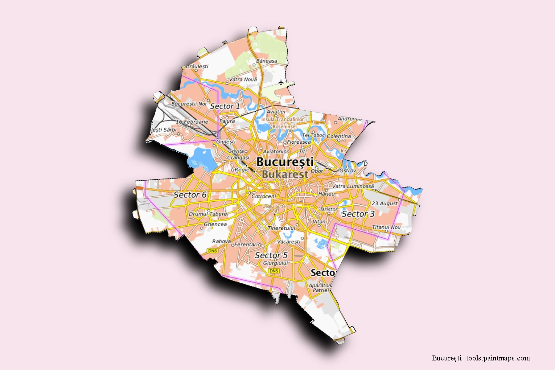 Bucharest and counties map with 3D shadow effect