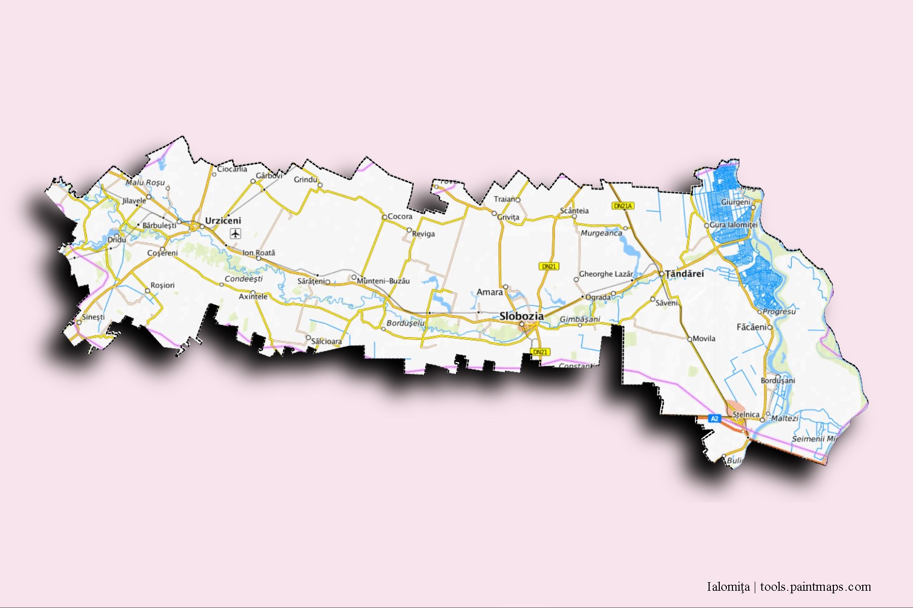 Ialomita and counties map with 3D shadow effect