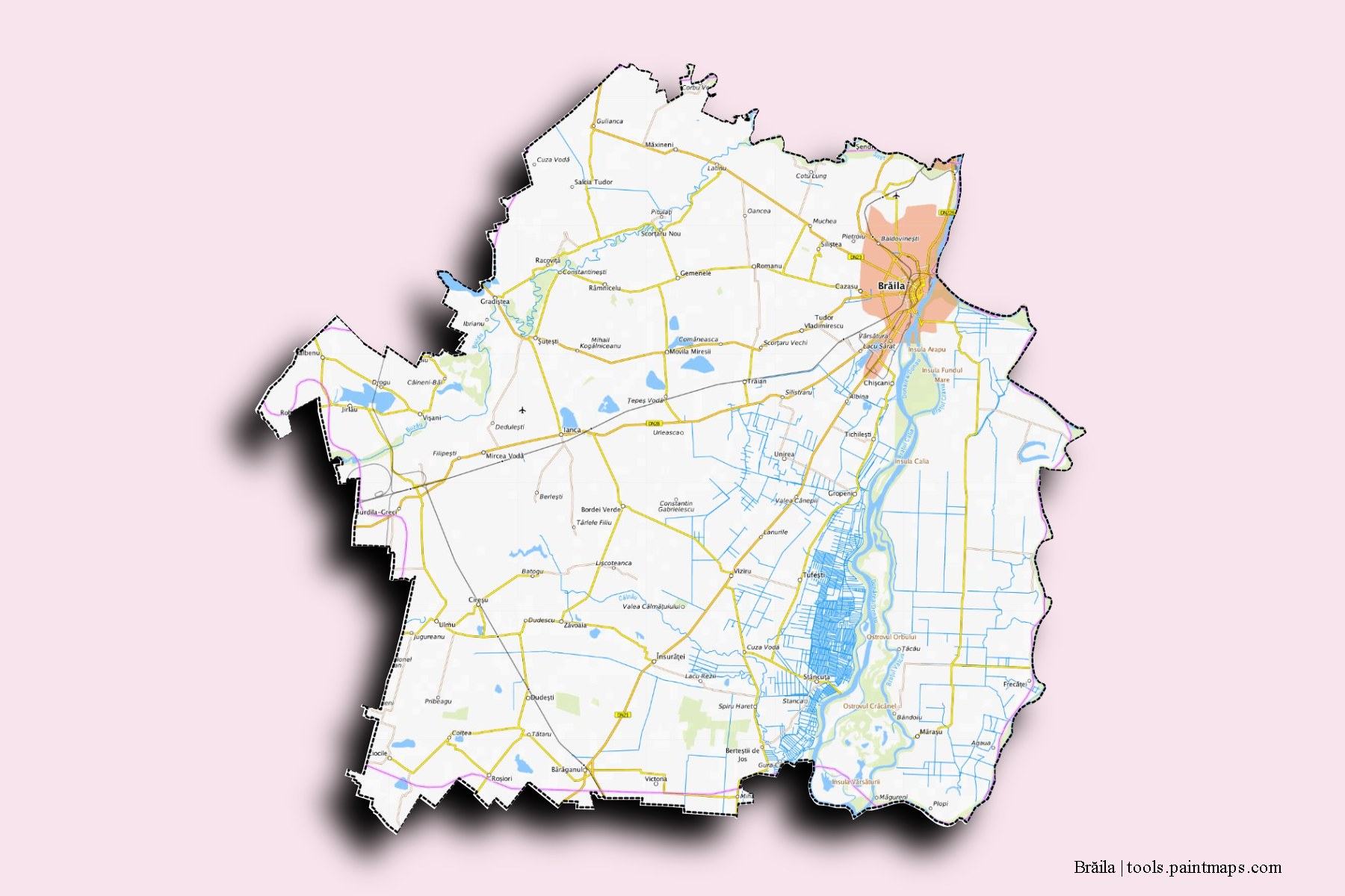 Braila and counties map with 3D shadow effect