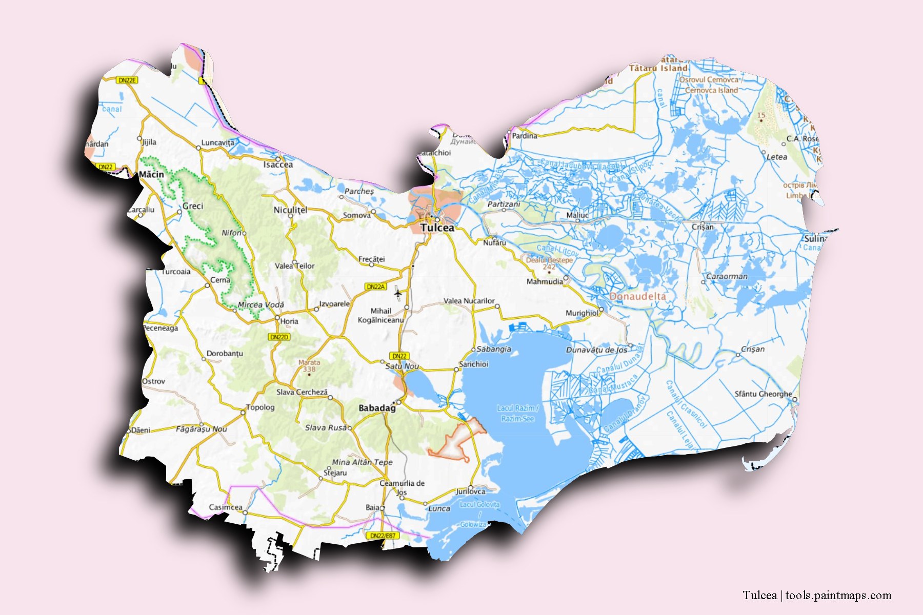 Mapa de Tulcea y sus distritos con efecto de sombra 3D