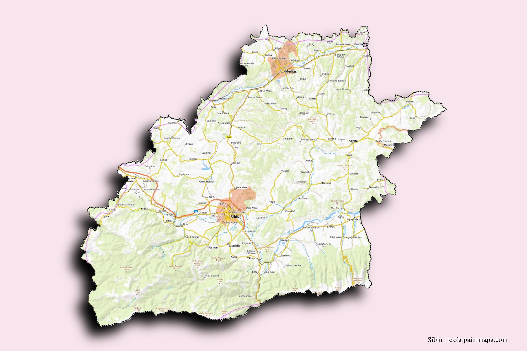 Sibiu and counties map with 3D shadow effect