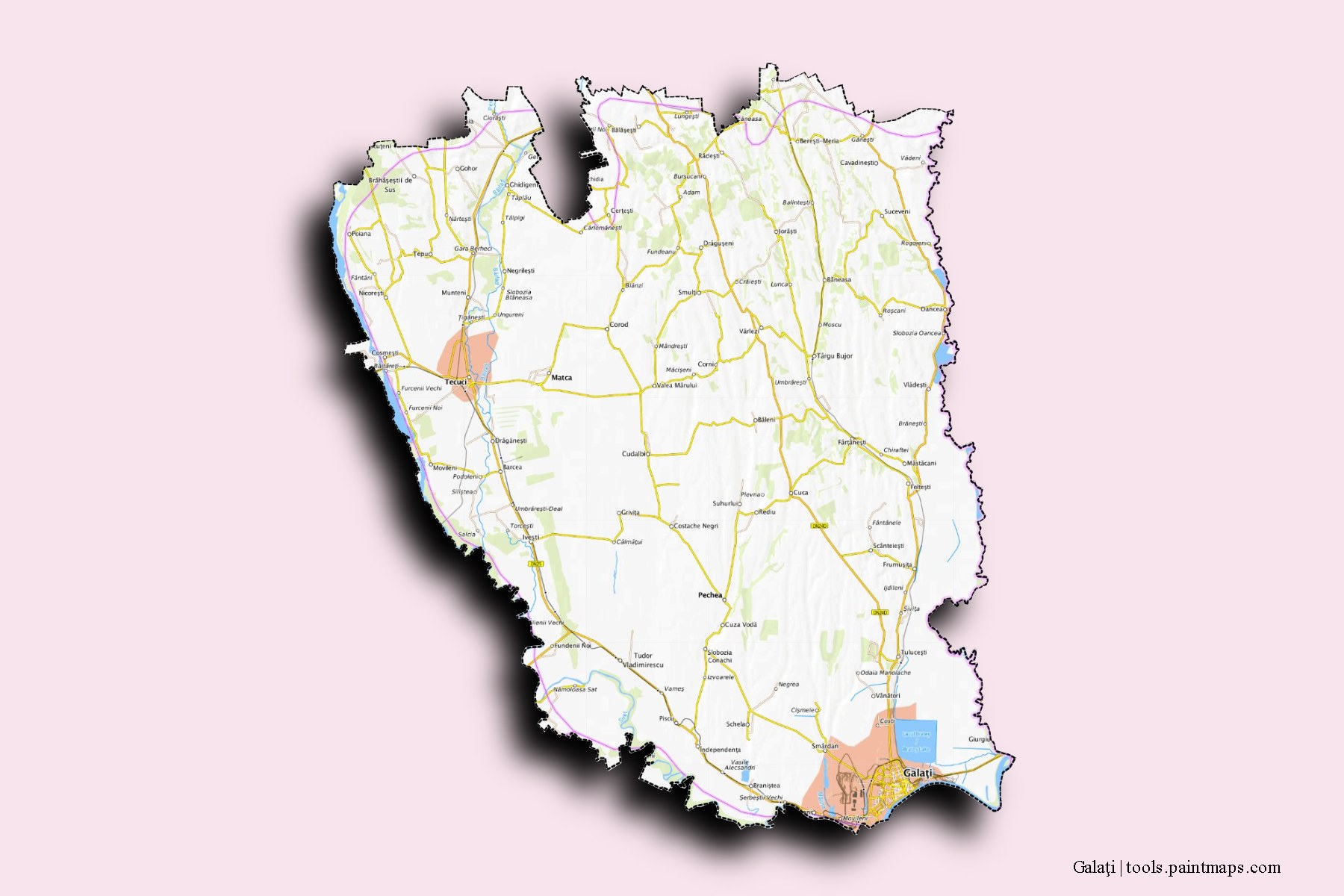 Galati and counties map with 3D shadow effect