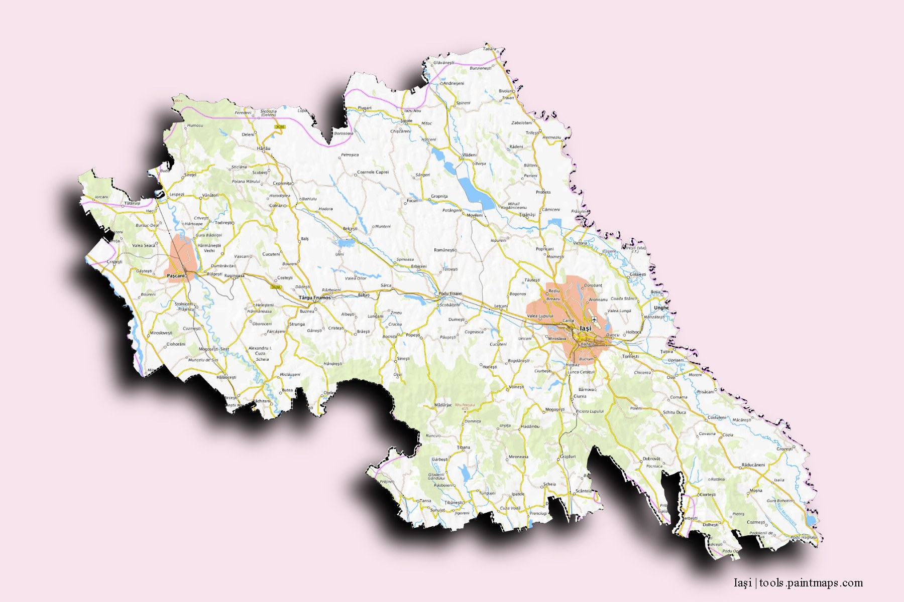 Iasi and counties map with 3D shadow effect