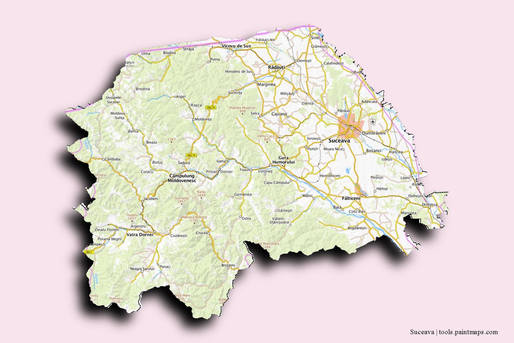 Suceava and counties map with 3D shadow effect