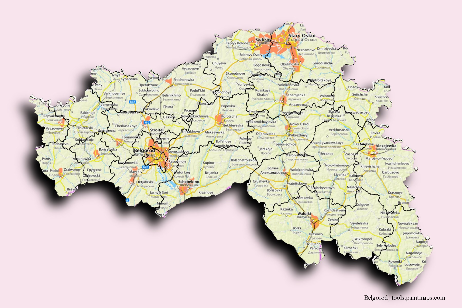 Belgorod and counties map with 3D shadow effect