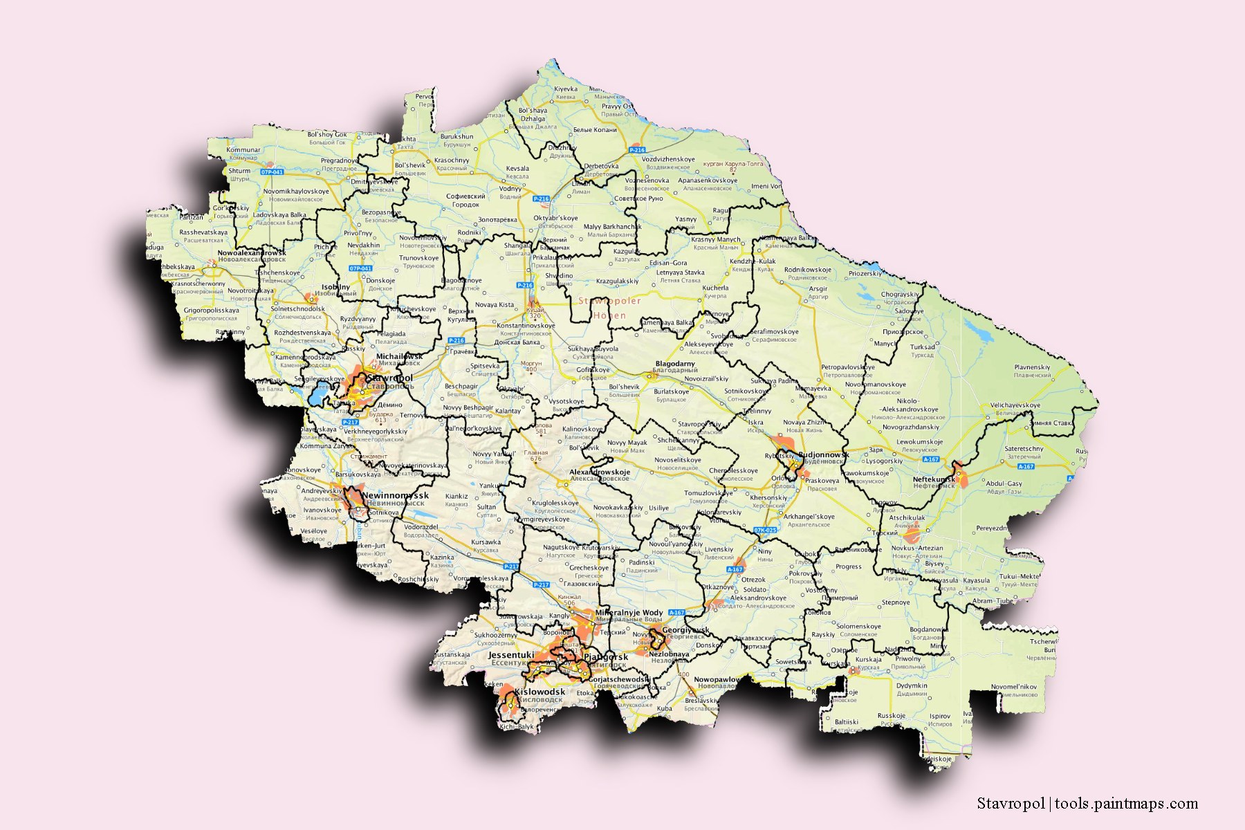 3D gölge efektli Stavropol ve ilçeleri haritası