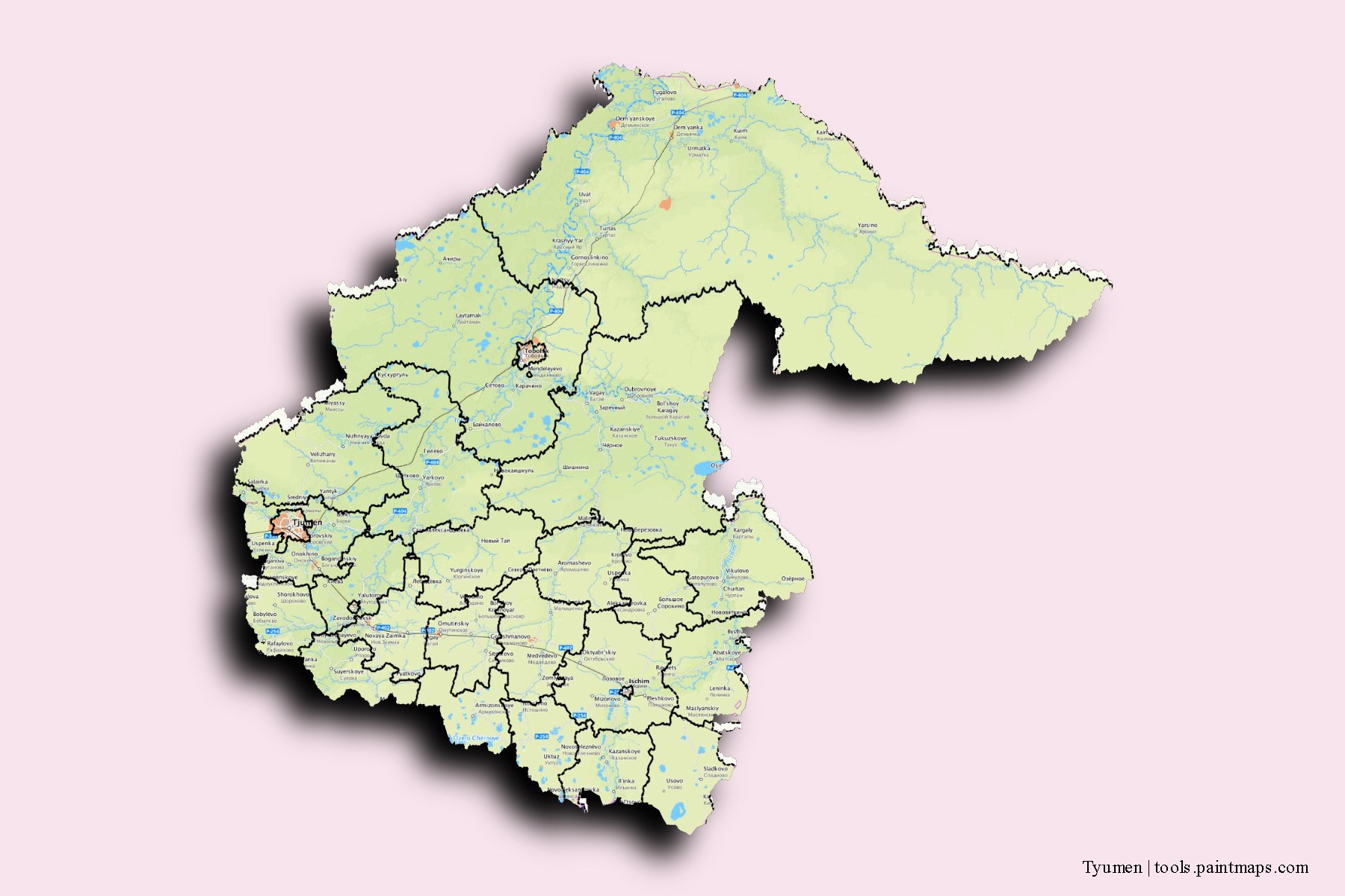 Tyumen and counties map with 3D shadow effect