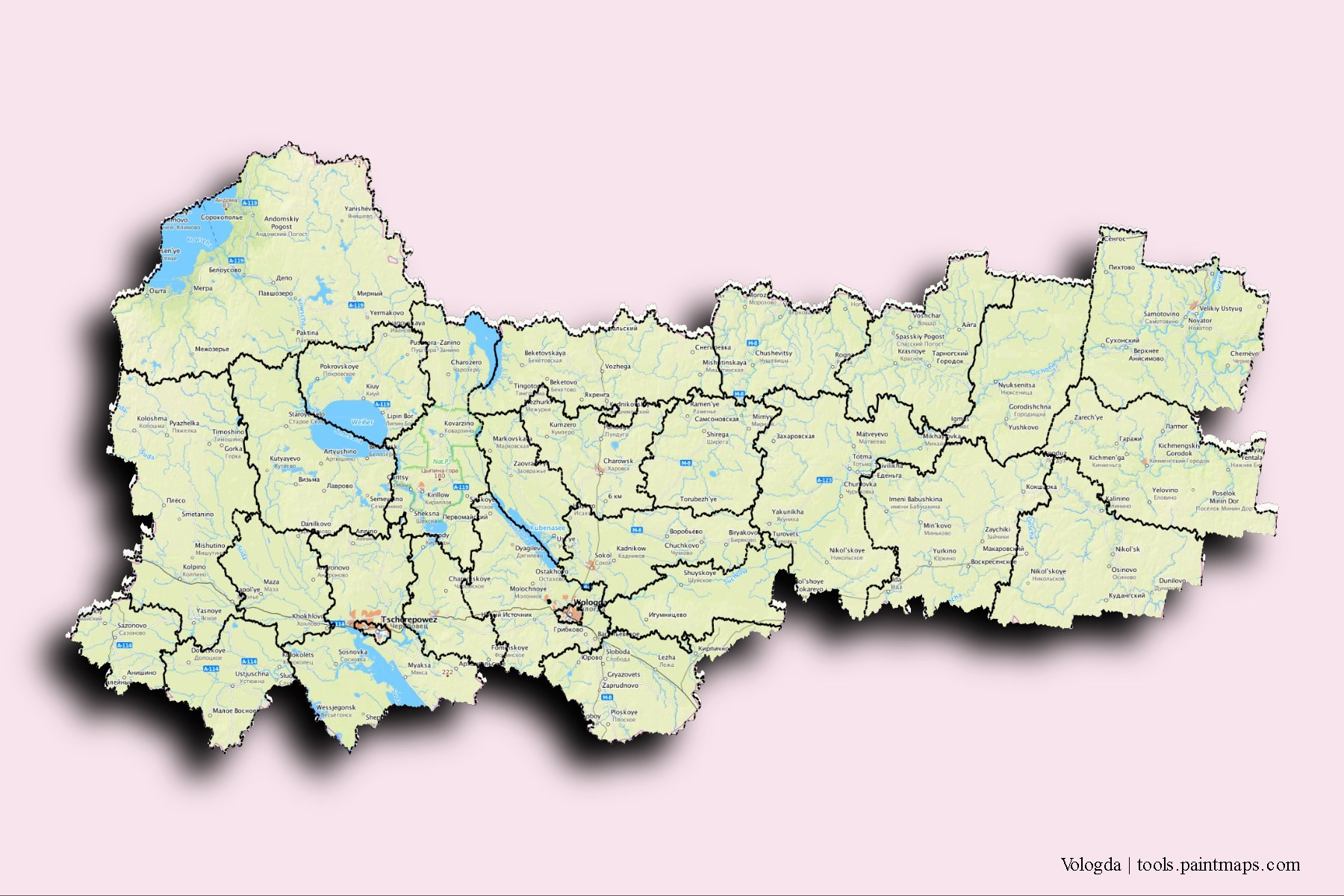 Vologda and counties map with 3D shadow effect