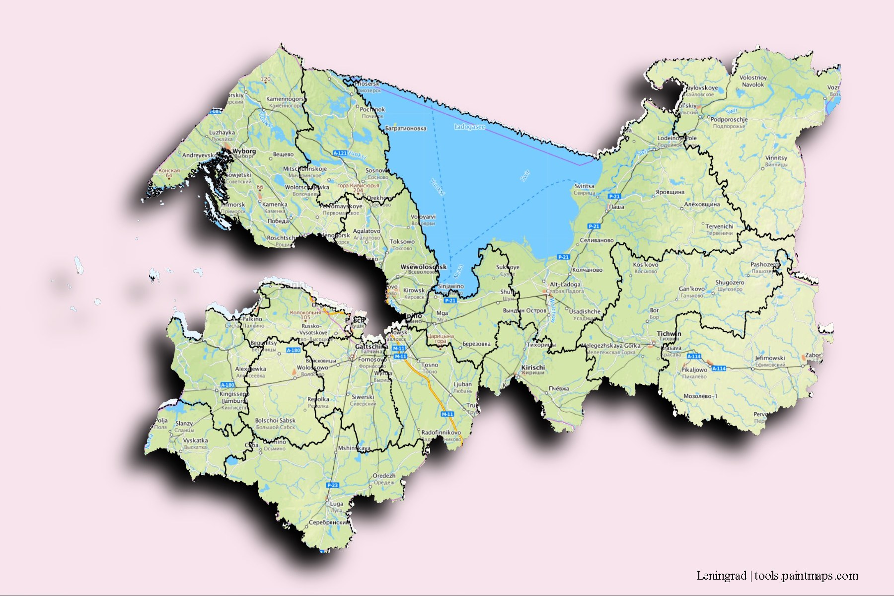 Mapa de Leningrad y sus distritos con efecto de sombra 3D