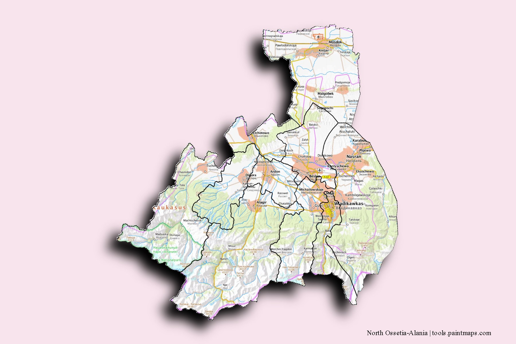 3D gölge efektli Kuzey Osetya-Alanya ve ilçeleri haritası