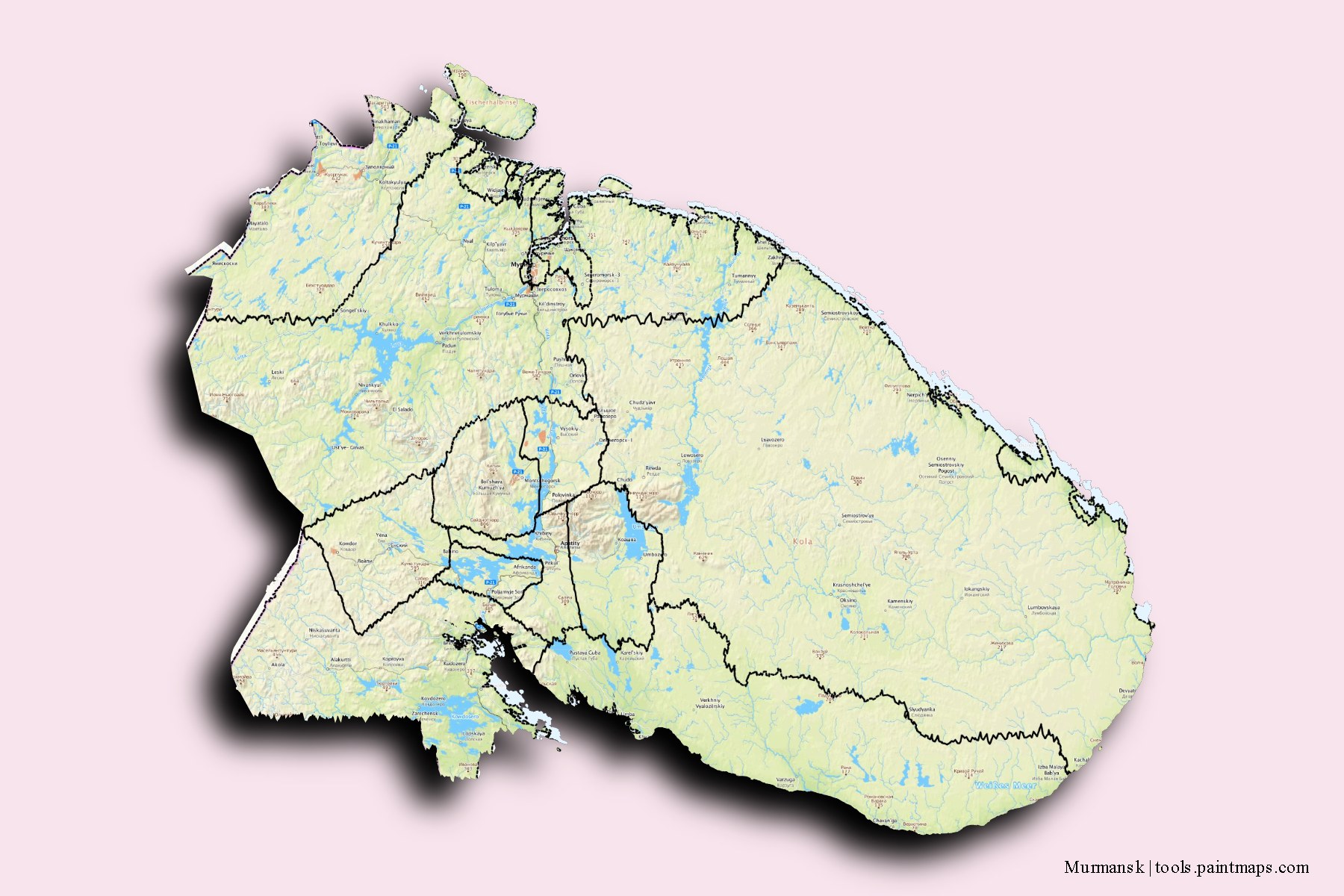 Murmansk and counties map with 3D shadow effect