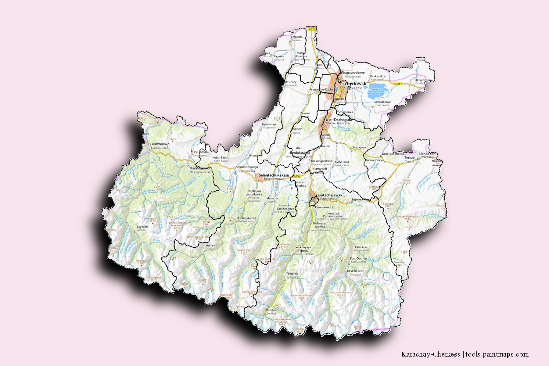 Karachay-Cherkess and counties map with 3D shadow effect