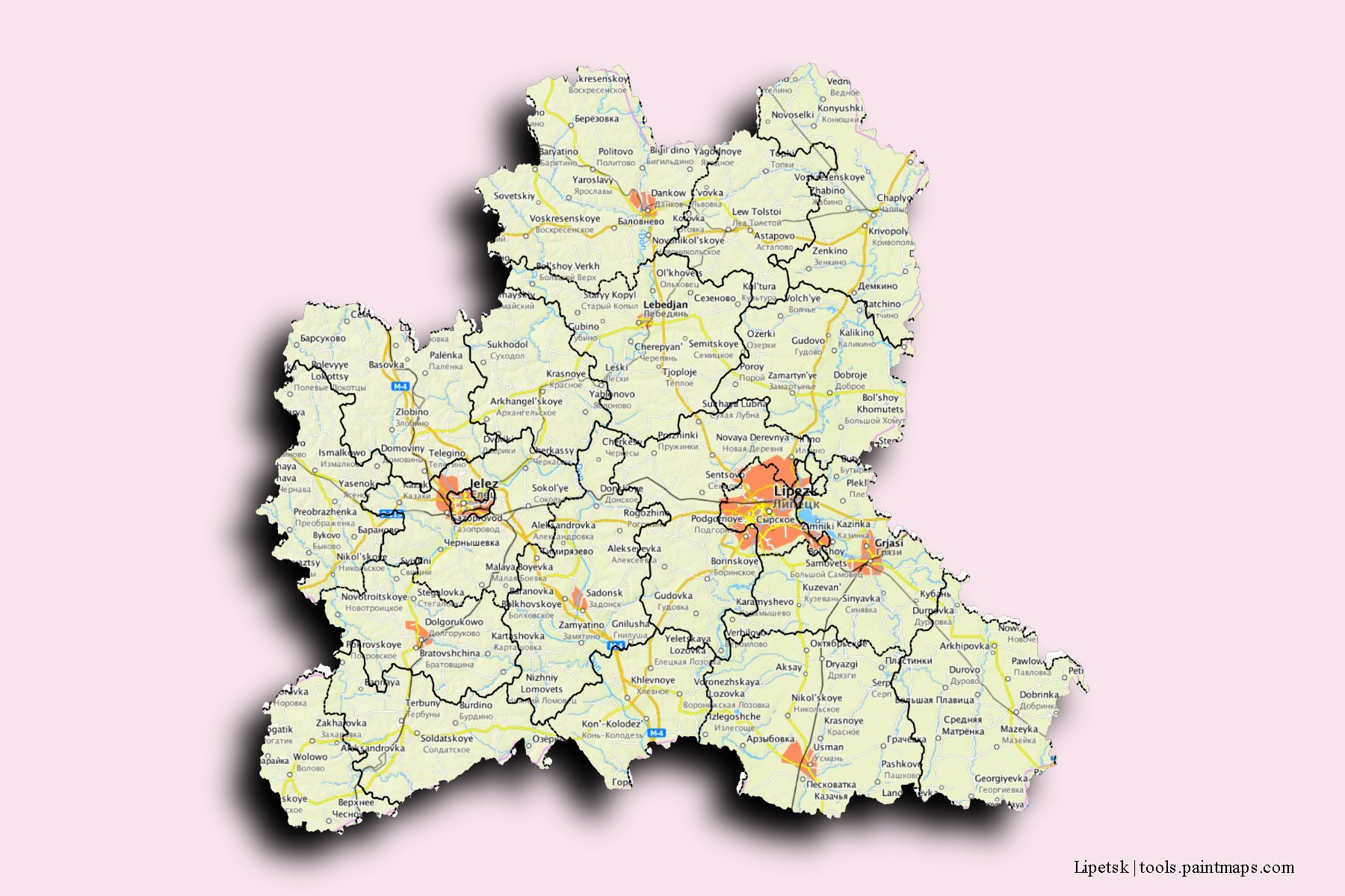 Lipetsk and counties map with 3D shadow effect